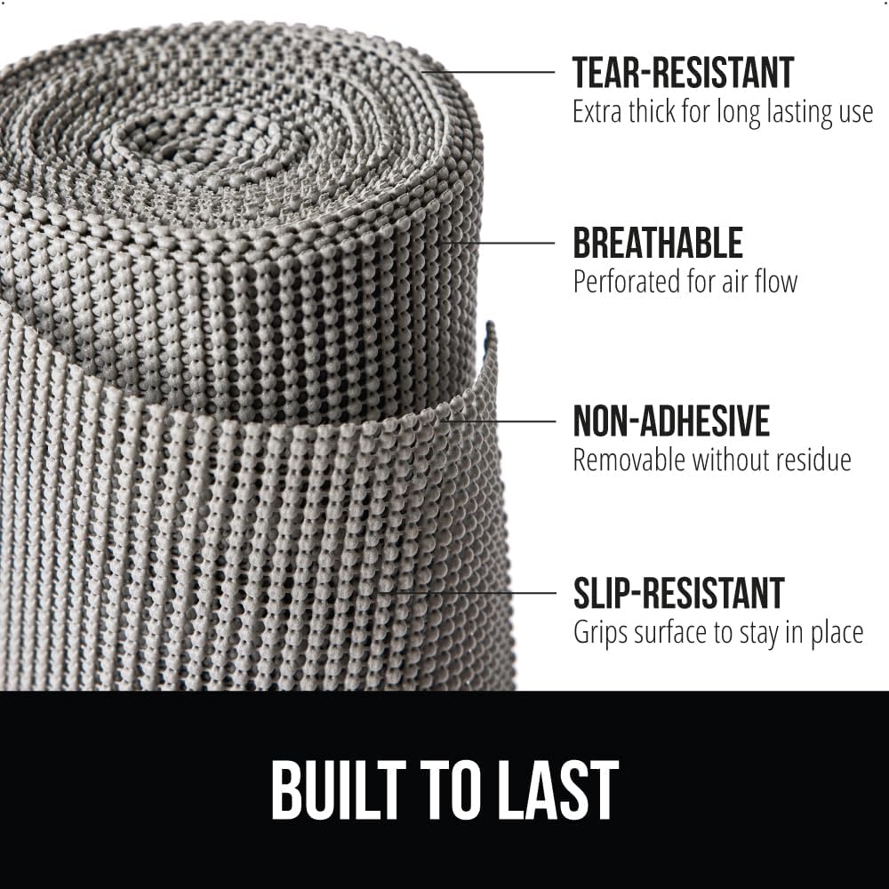 GORILLA GRIP powerGRIP Drawer Shelf and Cabinet Liner, Thick Strong Hold, Non-Adhesive Liners Protect Kitchen Cabinets and Cupboard, Bathroom Drawers, Easy Install, Breathable Mat, 17.5" x20', Gray