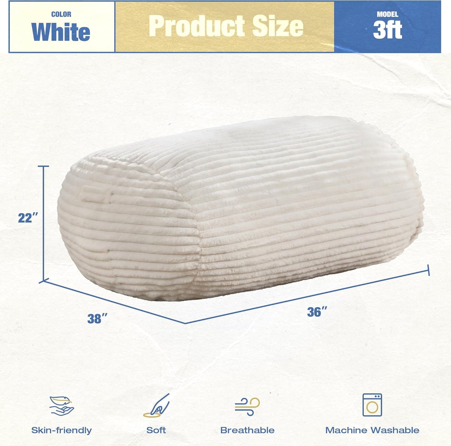 Hobestluk 3FT Bean Bag Chairs Adult Bean Bag with Portable Handle Comfy Large Bean Bag Chair with Removable Cover for Living Room Bedroom or Reading Nook (Stripe White, 3FT)