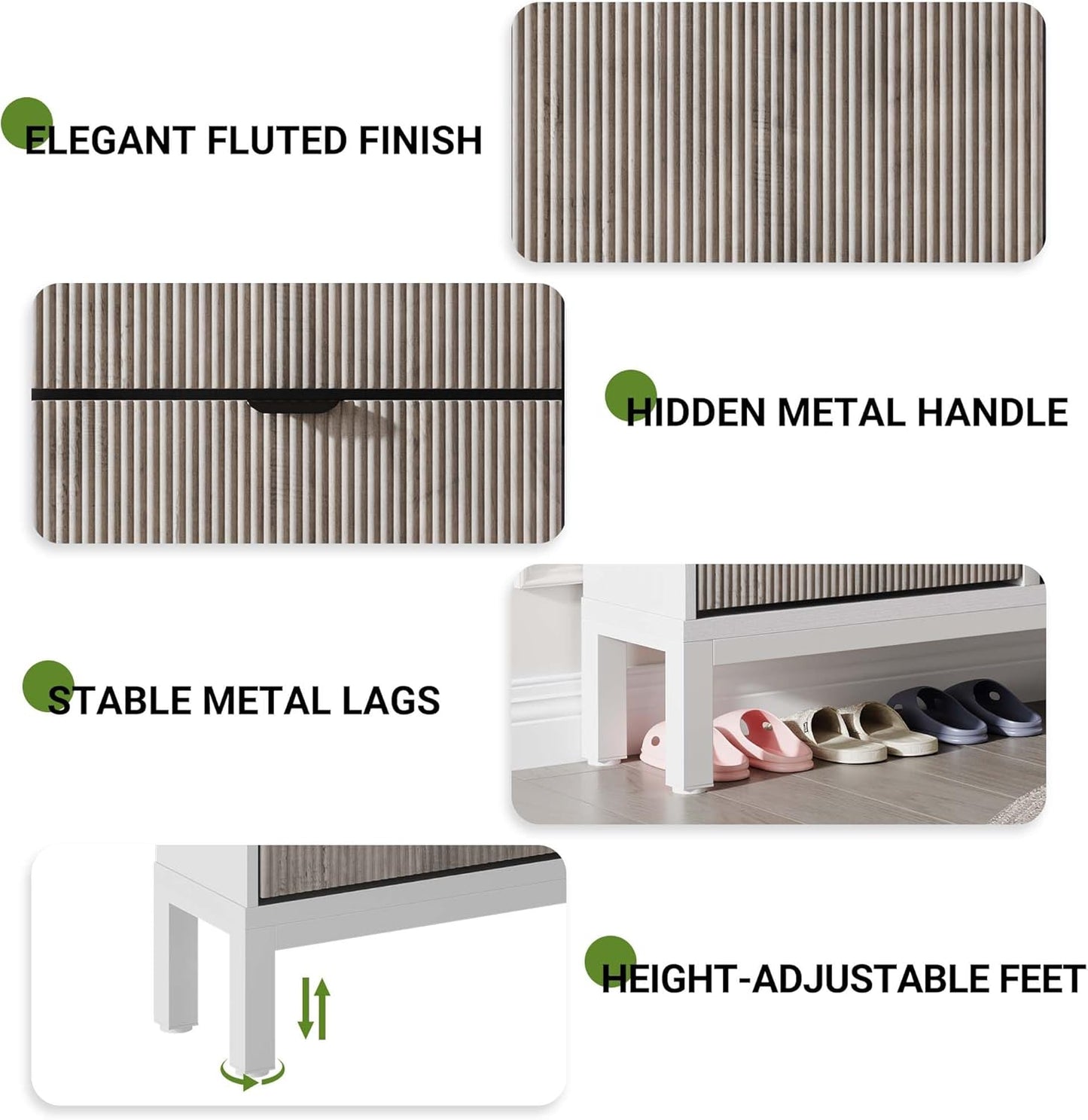 GarveeHome Fluted Shoe Storage Cabinet with 4 Flip Drawers, Narrow Wooden Shoe Organizer with Metal Legs, Modern Farmhouse Hidden Shoe Rack for Entryway, Hallway, White+Gray