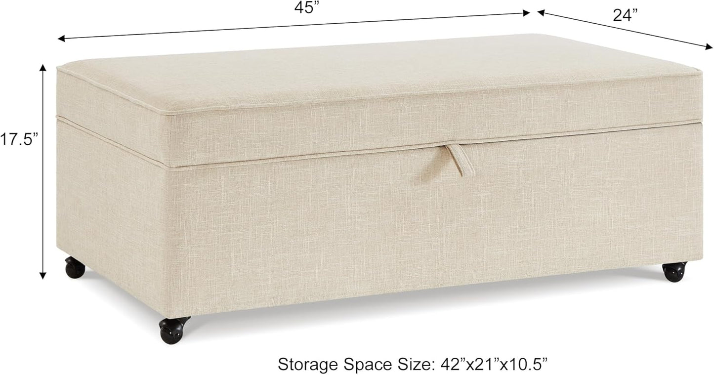 45" Modern Sofa Ottoman with Storage,Modular Sectional Storage Ottoman w/Wheels Linen Upholstered Bench with Rotation Casters and Safety Hinge for Living Room,Oatmeal