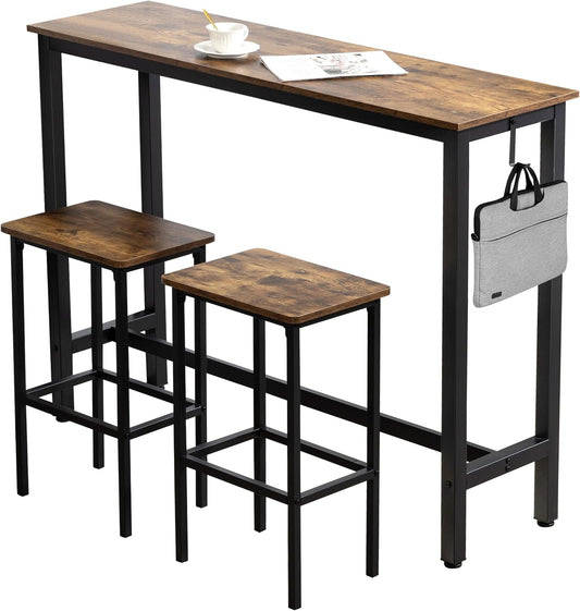 Finnhomy 52.7" Industrial Bar Table Set with 2 Stools - Counter Height Dining & Pub Table for Small Spaces, Kitchen, Apartment, Breakfast Nook - Metal & Wood, Space-Saving Furniture - Rustic Brown