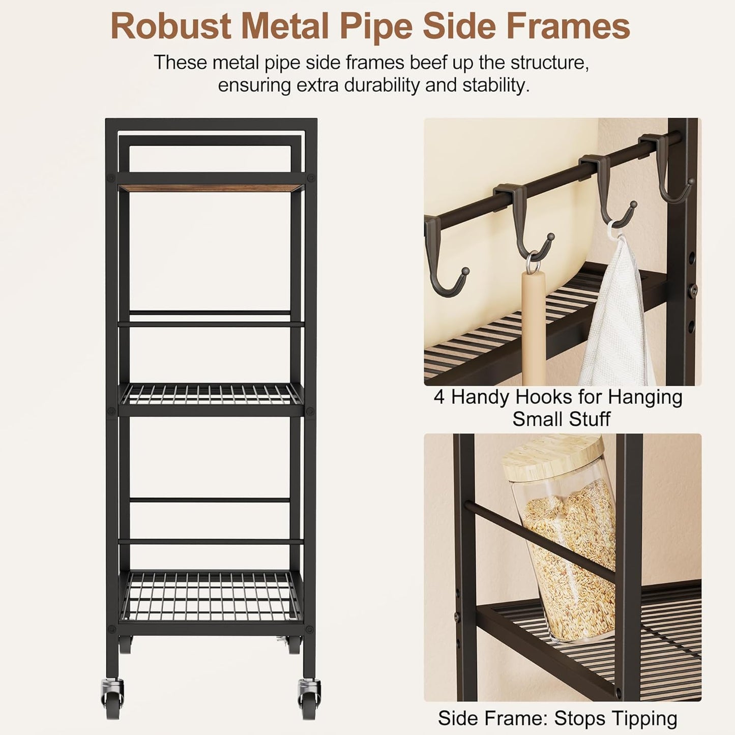 3-Tier Kitchen Cart with Adjustable Shelves - Microwave Storage Cart & Utility Rolling Organizer, Industrial Wheels for Small Spaces, 15.7"x23.6"x33.7" Kitchen Office Living Room Metal Rack