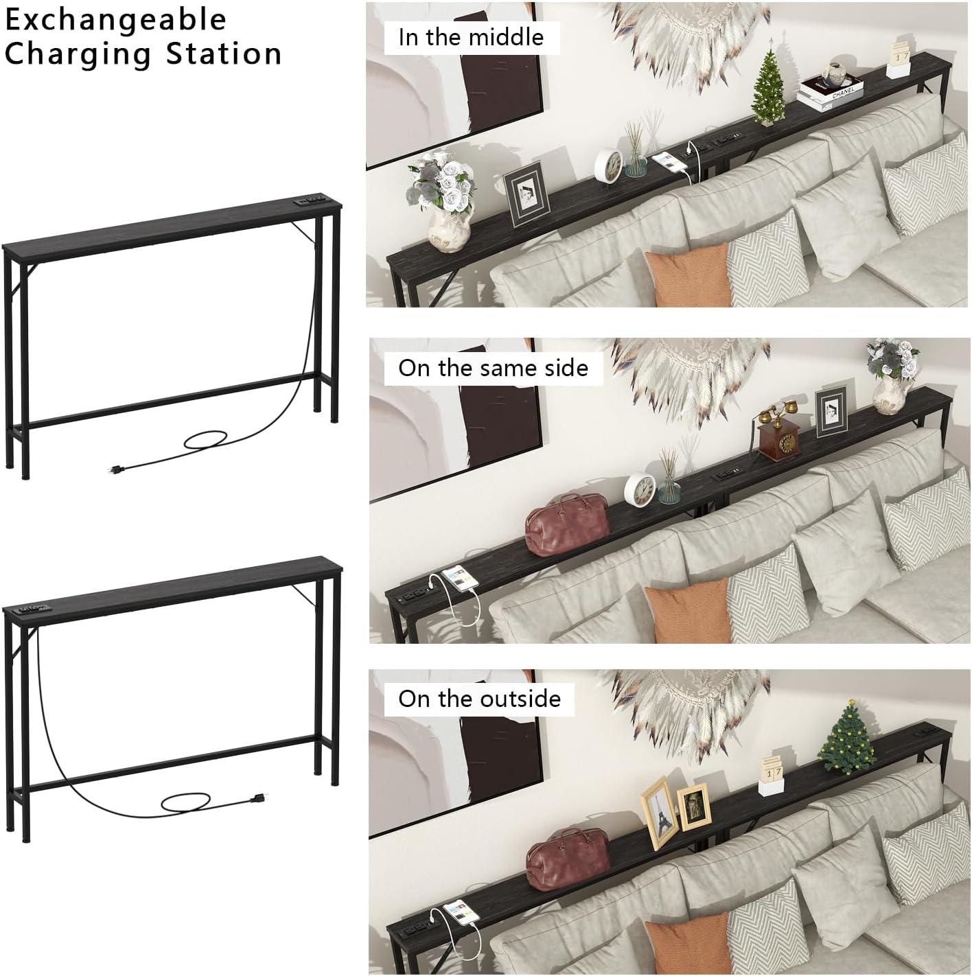 Tohomeor 5.9" Skinny Behind Sofa Console Table with Charging Station Charcoal Black 47.2" Narrow Long Behind Couch Table with Power Outlets USB Ports Thin Entry Table for Entryway Living Room Hallway