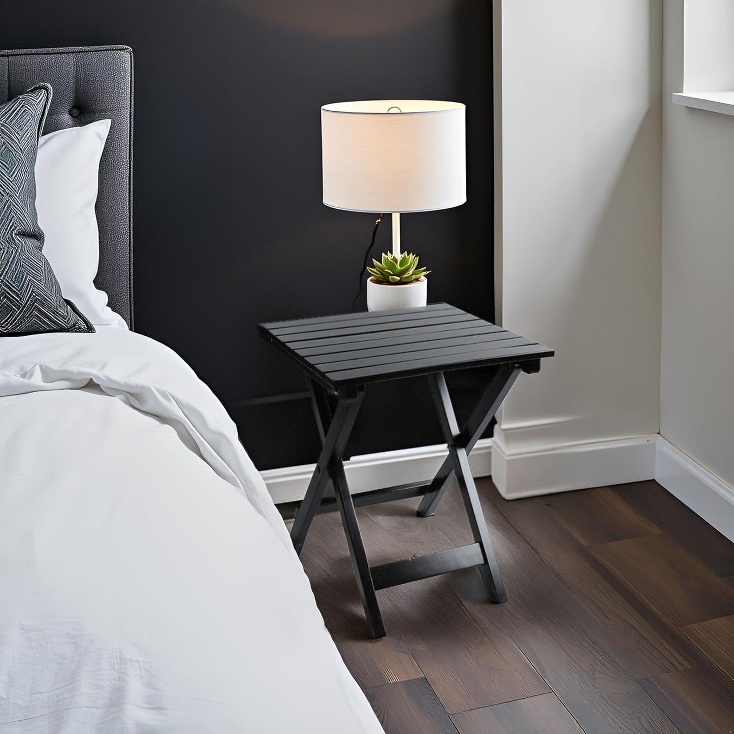 Small Wood End Square Table Outdoor Patio Side Folding Table Coffee Furniture for Living Room, Bedroom, Plant Stand, Camping Portable Black