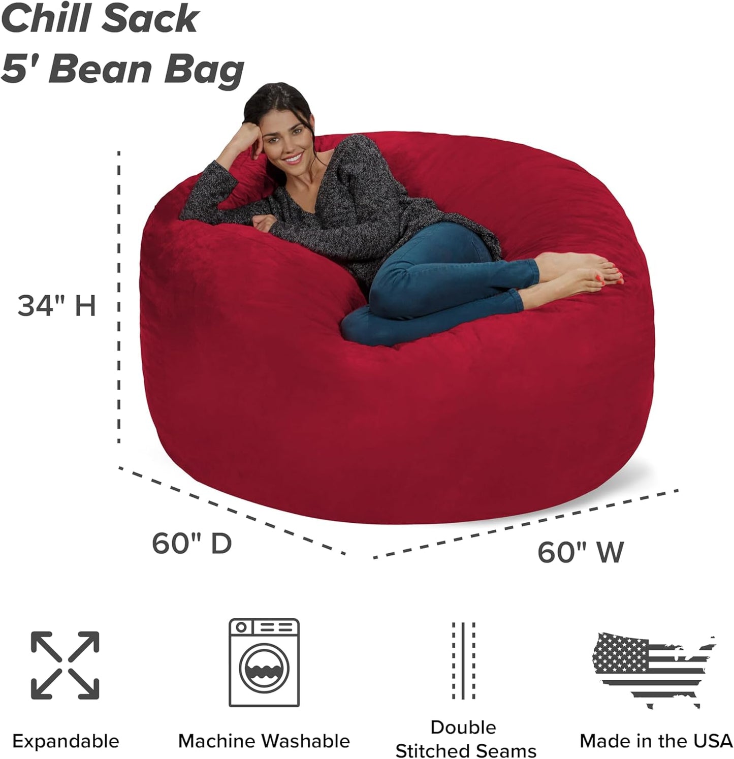 Chill Sack Bean Bag Chair - 5' Giant Memory Foam Lounge Chair with Soft Microfiber Cover – Cozy Furniture for Living Room, Dorm, & Kids' Rooms – Comfortable 5 Ft, Microsuede Lounge Sofa, Cinnabar