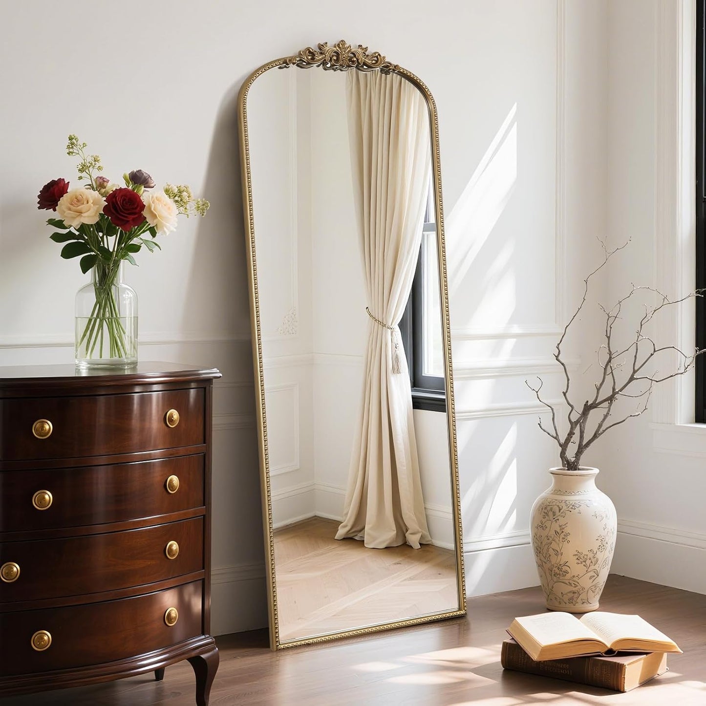 WallBeyond Arched Full Length Mirror Wall Mounted, 21x56 Inch Gold Antique Mirror, Vintage Metal Frame Full Body Mirro for Bedroom, Living Room, Hanging or Leaning