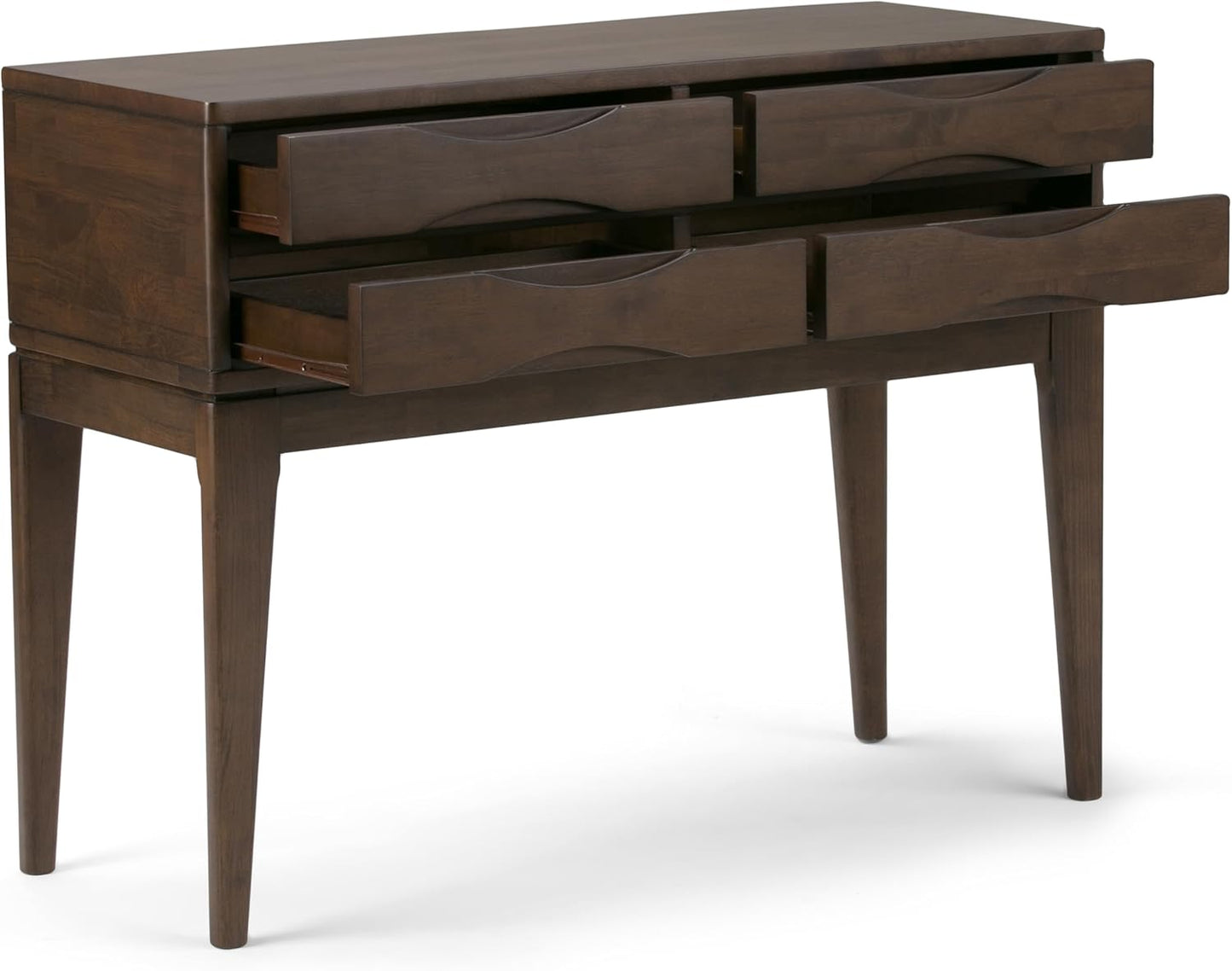 SIMPLIHOME Harper Console Table - 40 Inch Wide Solid Hardwood Sofa Table in Walnut Brown, Mid-Century Modern Storage Table for Entryway or Living Room with 4 Drawers, Notched Handles, and Tapered Legs