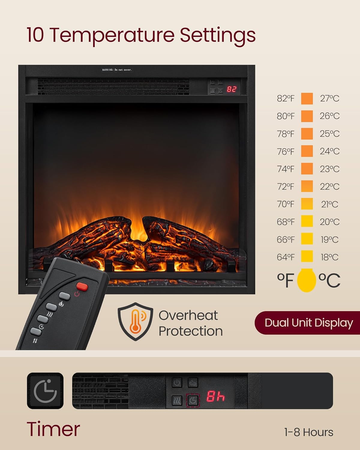 VASAGLE Fireplace TV Stand for TVs up to 65 Inches, 18-Inch ELectric Fireplace with Remote, Farmhouse Entertainment Center, Media Console Table for Living Room, Rustic White and Honey Brown ULTV540W01