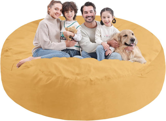 7FT Bean Bag Chair, Large Bean Bag Chairs with Memory Foam Filled, Fluffy Beanbag Sofa with Dutch Velvet Cover, Round BeanBag Chairs for Living Room, Playroom - Mustard