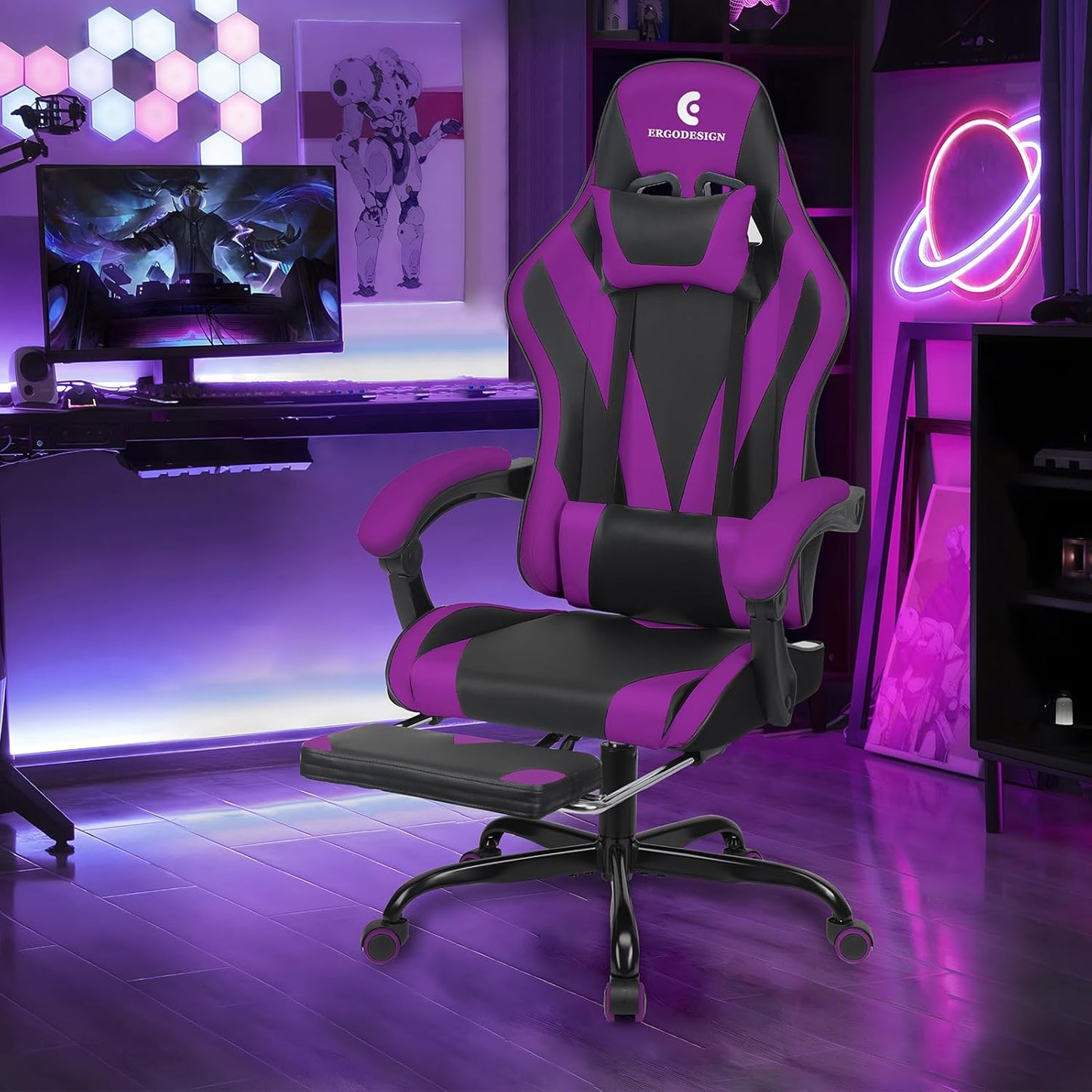 Gaming Chair with Linkage Armrest & Footrest, High Back Video Gaming Chair, Black/Purple