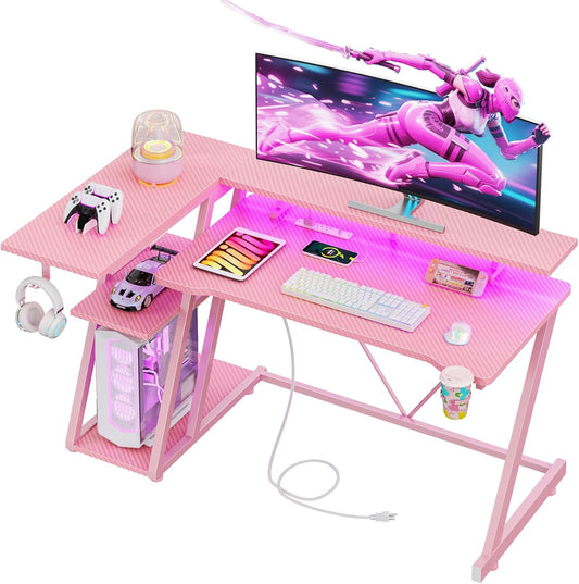47 Inch Pink Gaming Desk with Power Outlet & LED Lights, Corner Computer Desk with 3 Tiers Storage Shelves, L Shaped Gaming Desk with Monitor Stand for Bedroom
