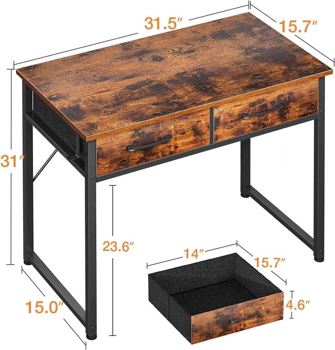 Casaottima 32 Inch Small Office Computer Desk with 2 Drawers & Headphone Hook - Compact Writing Desk for Home Office, Study or Work, Modern Space-Saving Design for Small Spaces, Pure Vintage