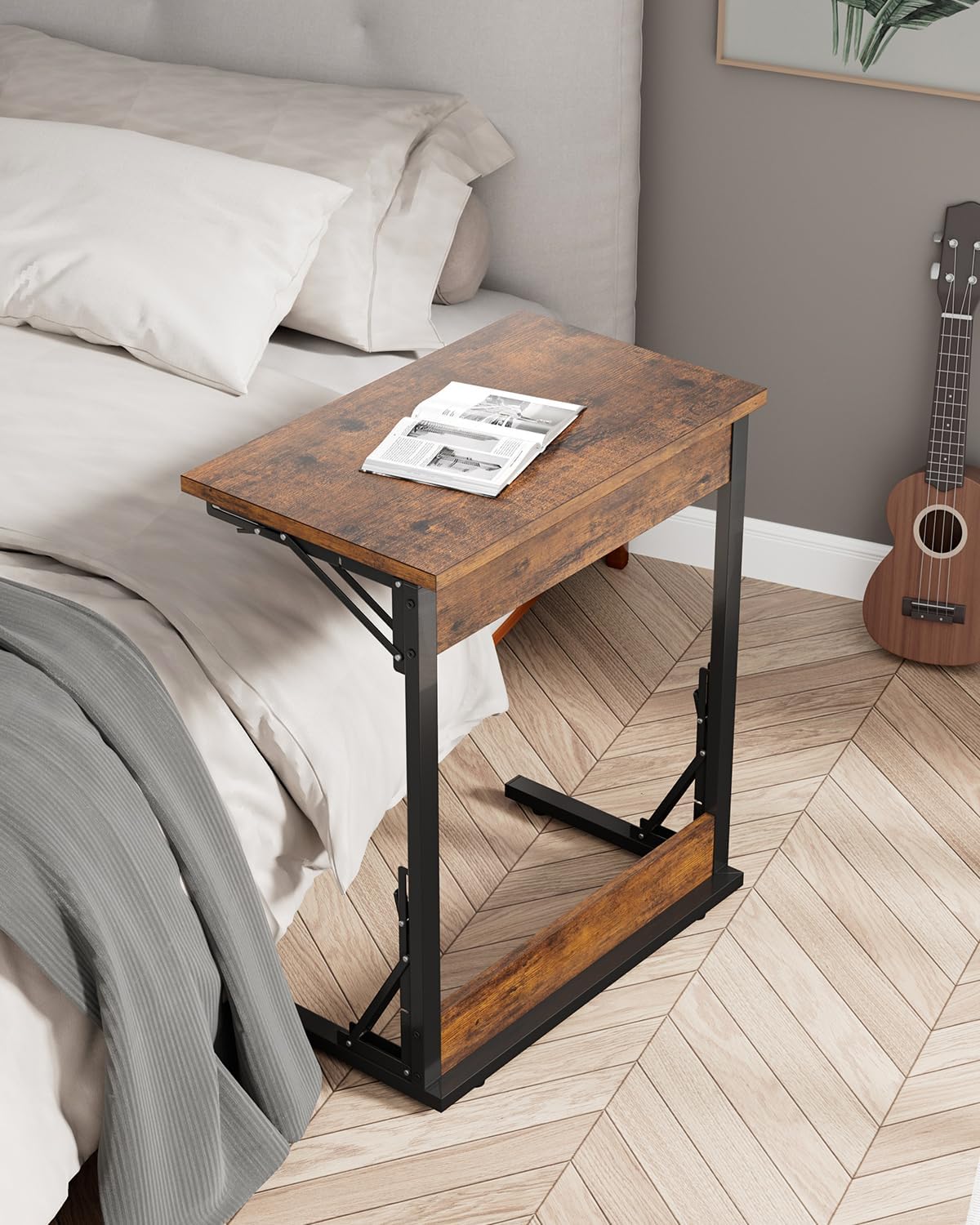 Tatub Folding TV Tray Table, 24" Wide C-Shaped End Table for Couches, Small Sofa-Side Laptop Desk with Metal Frame for Living Room, Bedroom, Rustic Brown