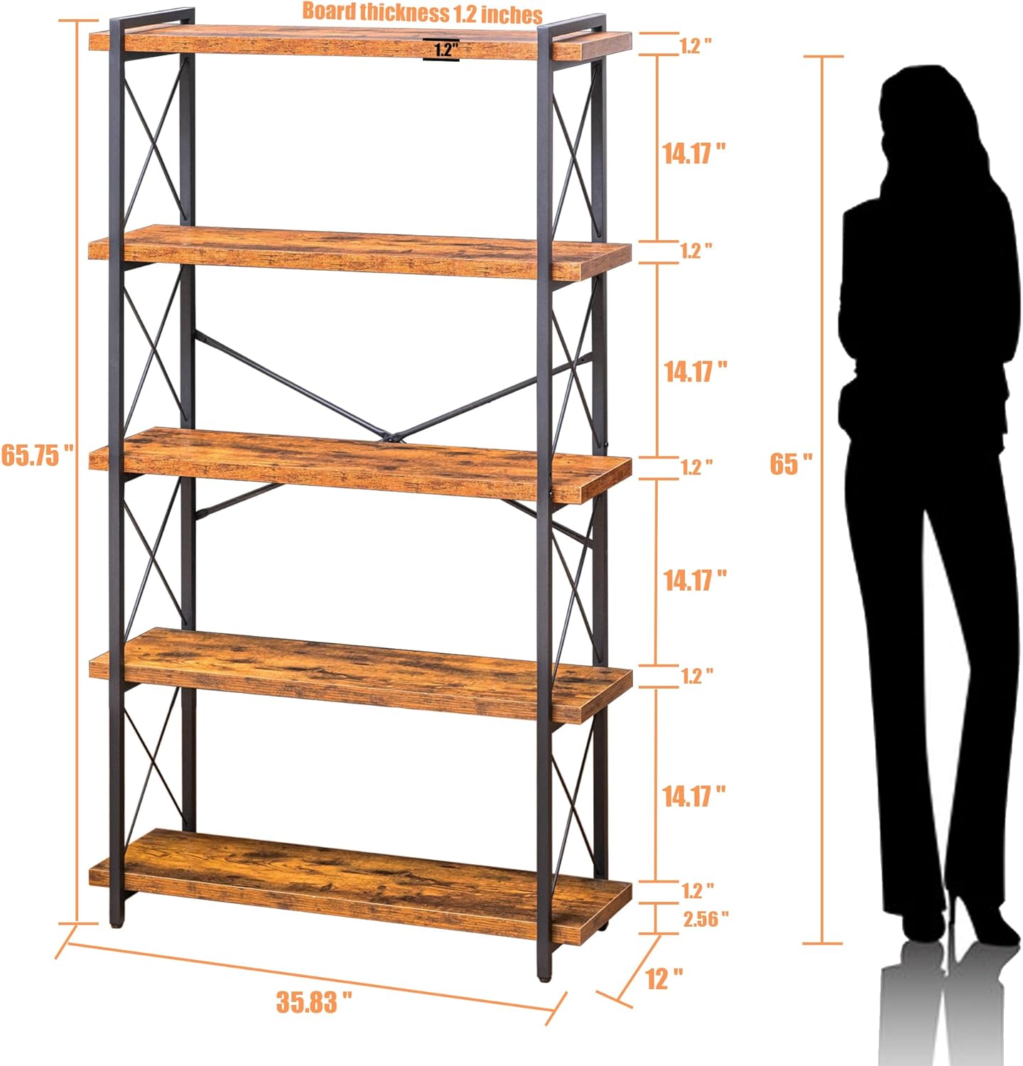 Bookshelf, 5 Tier Book Shelf, Industrial Tall Bookcase for Living Room, Home Office and Kitchen