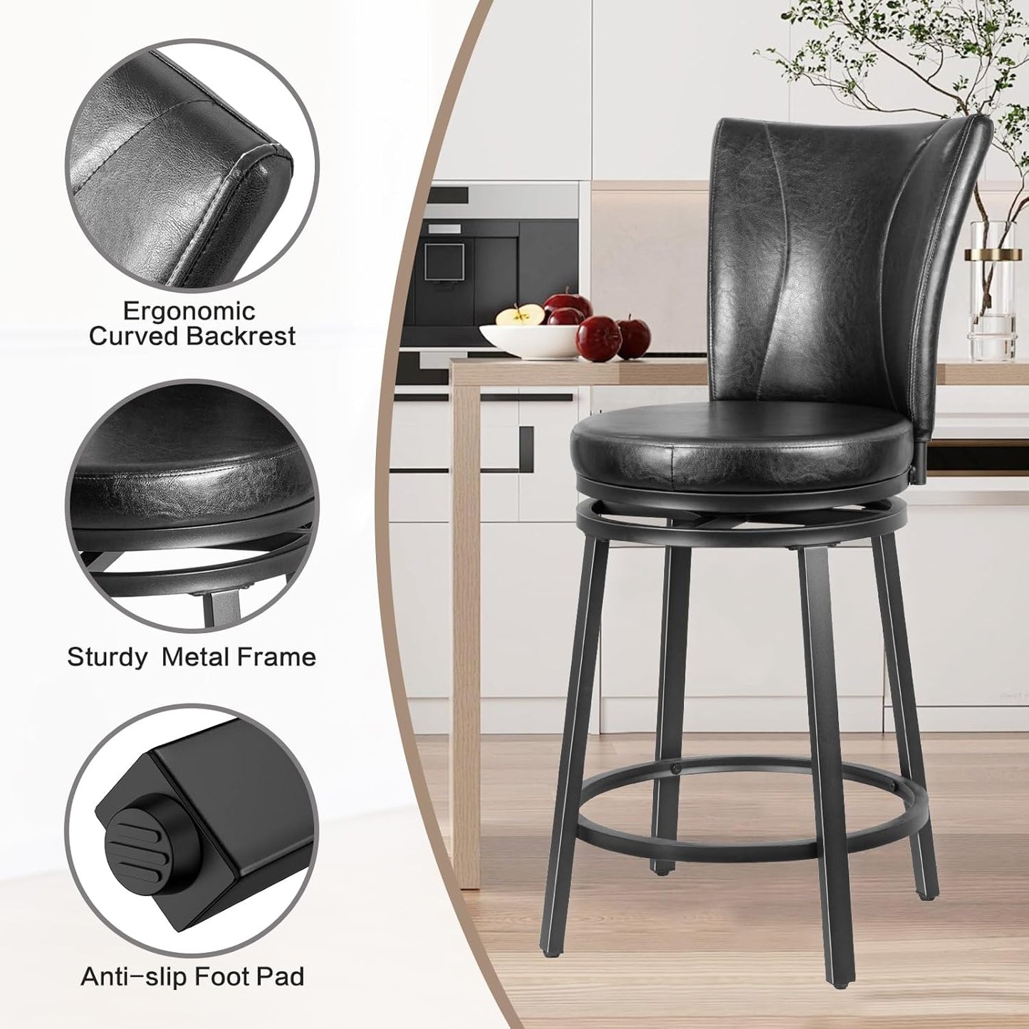 Bar Stools Set of 2, Counter Height Swivel Bar Chair with High Backrest, 24 inch Round Seat Barstools for Kitchen Island, Pub, Metal Base, Upholstered PU Leather Dining Chairs Black