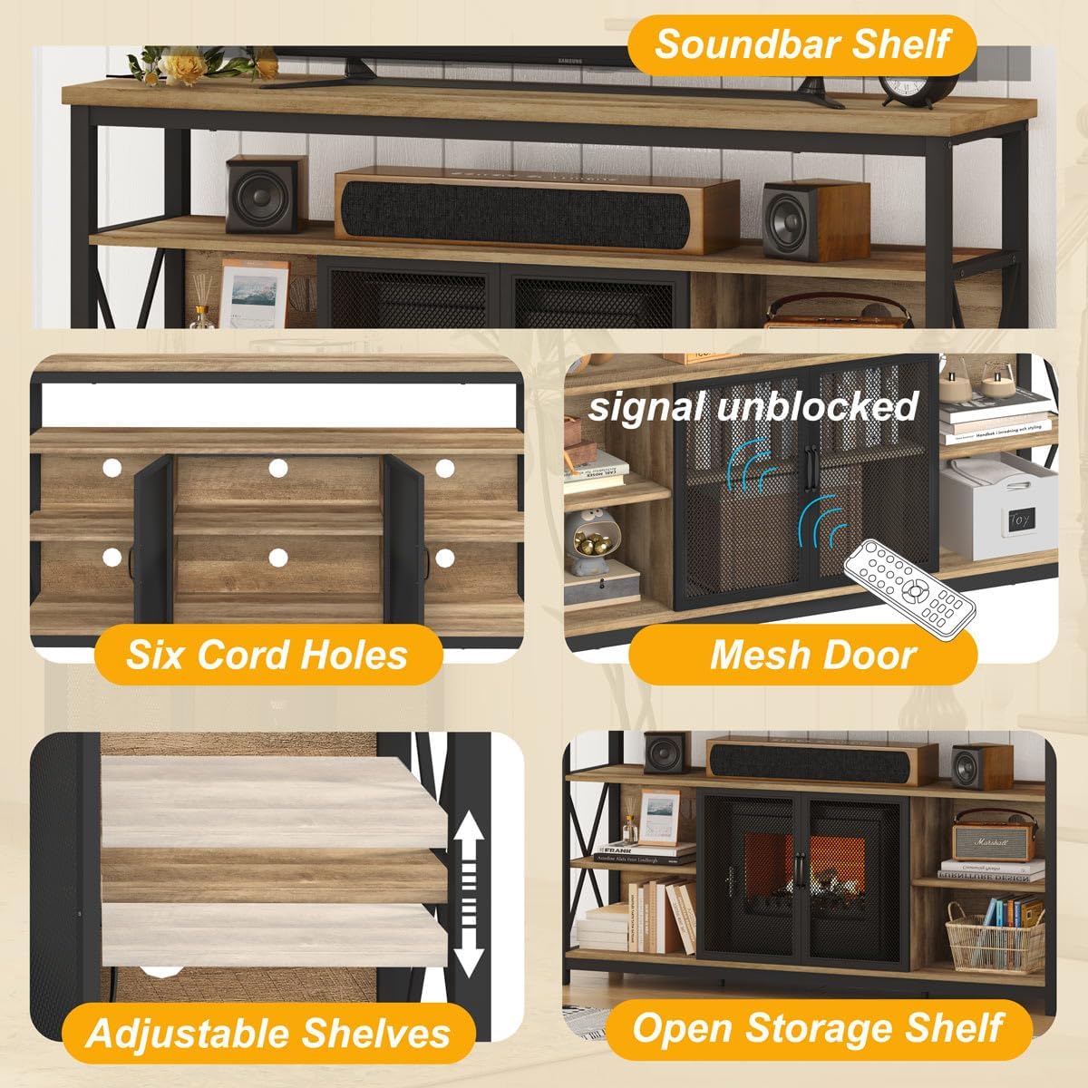 BON AUGURE Tall TV Stand for 65 55 Inch TVs, Industrial Entertainment Center with Storage Cabinet, Wood Farmhouse TV Media Console for Living Room and Bedroom (32 Inch High, Vintage Oak)