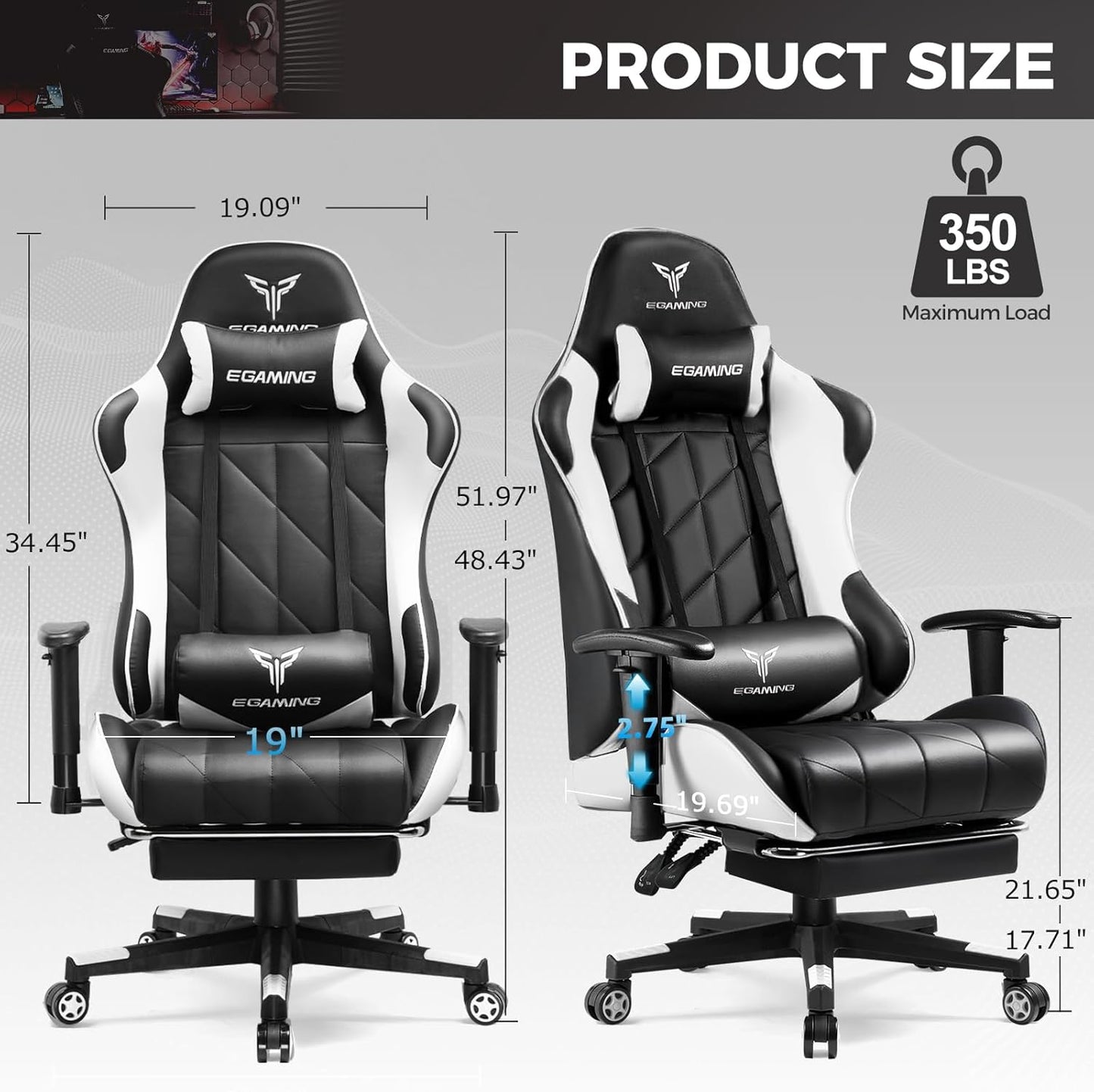 Gaming Chair with 3D Adjustable Armrests, Cow Print Design, Ergonomic Office Chair with High Back, Computer Chair with Footrest,Comfy Diamond Stitching Sest, Game Chair for Adults