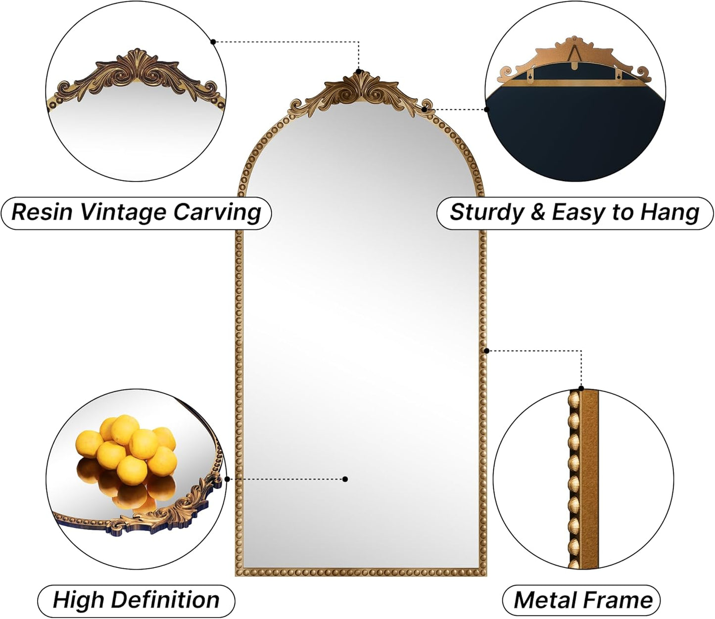 Antique Gold Vintage Wall Mirror 24"x48" - Elegant Baroque Metal Beaded Frame for Living Room, Bedroom, Bathroom, Fireplace, or Entryway, Full Length Decorative Mirror