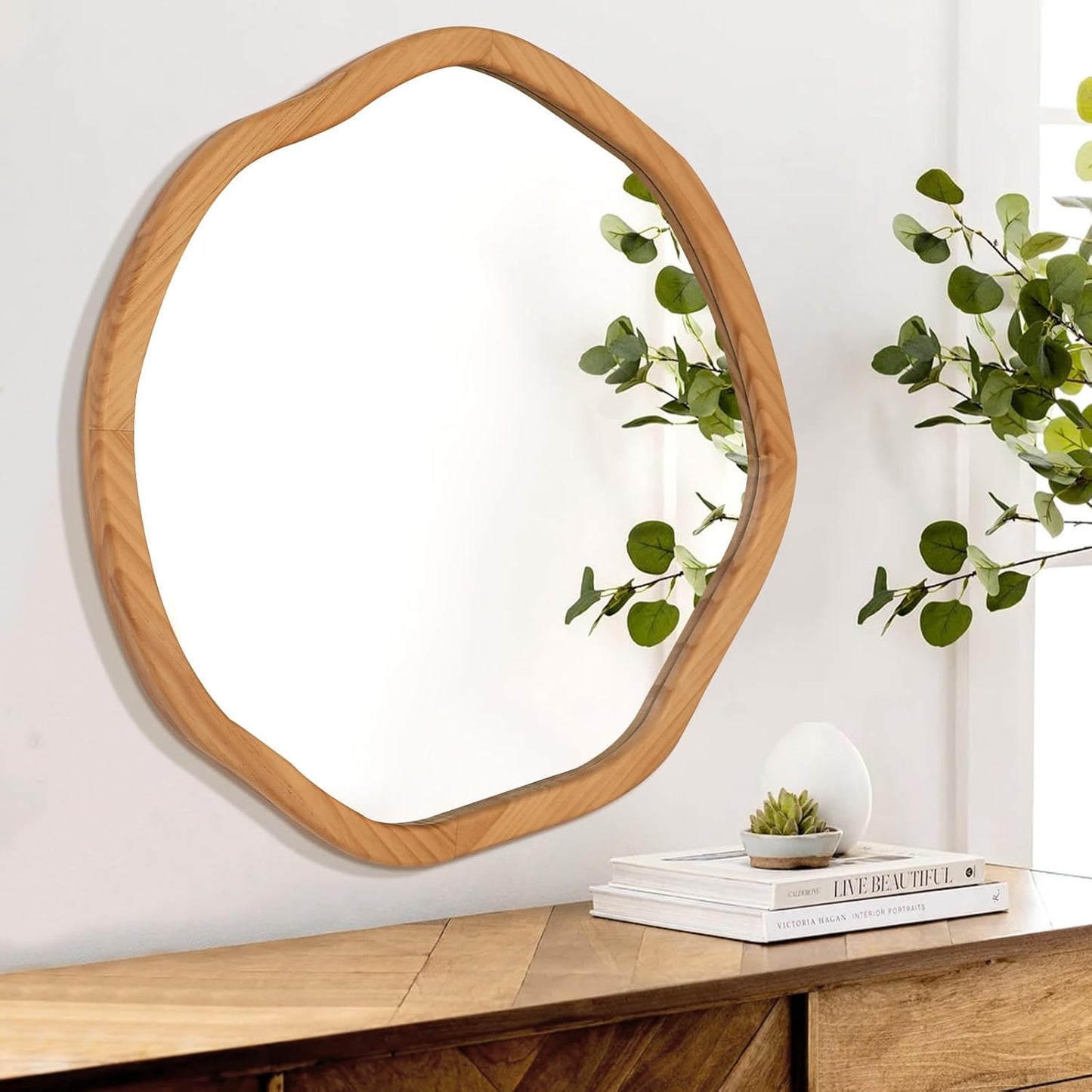 ULIKE Round Wood Mirror, 30 Inch Asymmetrical Circle Vanity Mirror with Wood Frame, Rustic Decorative Wall Mount for Bathroom Bedroom Living Room Entryway