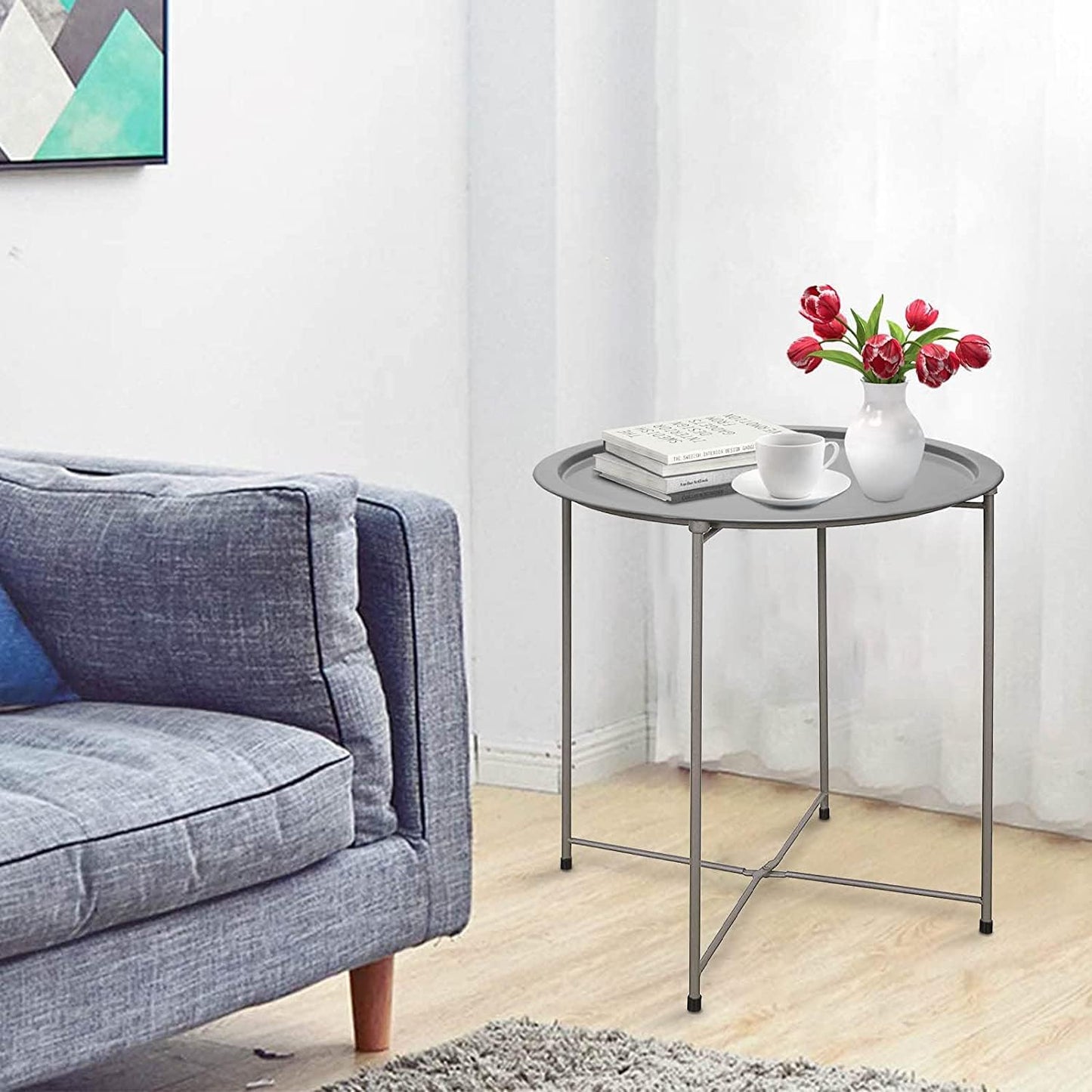 Garden 4 you Folding Tray Metal Side Table 2PC Grey Round End Table Cyan Sofa Small Accent Fold-able Table, Round End Table Tray, Next to Sofa Table, Snack Table for Living Room and Bed Room