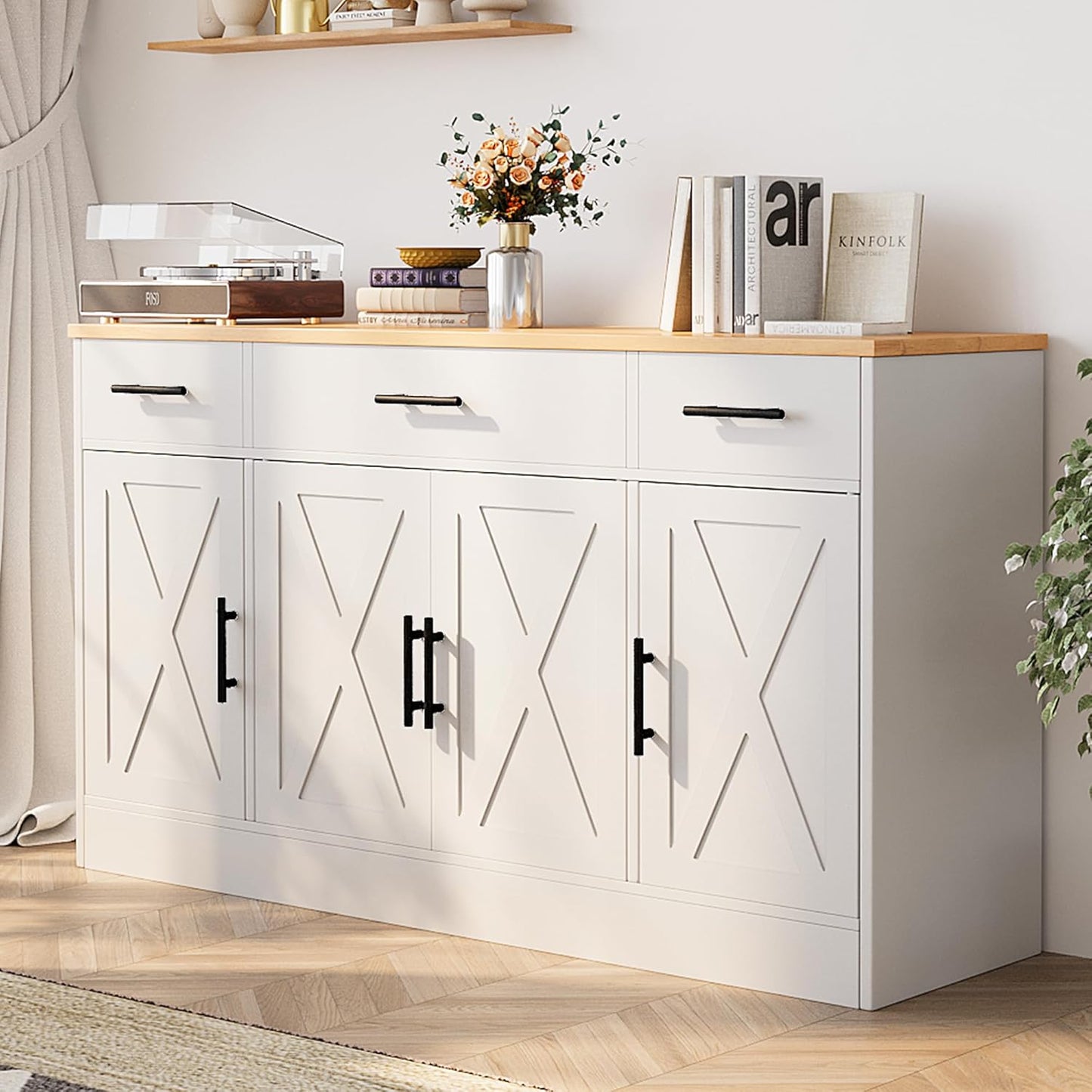 Shintenchi Sideboard Buffet Cabinet with Storage,53.4" Large Kitchen Buffet Storage Cabinet with 3 Drawers and 4 Doors,Wood Farmhouse Sideboard with Adjustable Shelf for Kitchen, Living Room,White