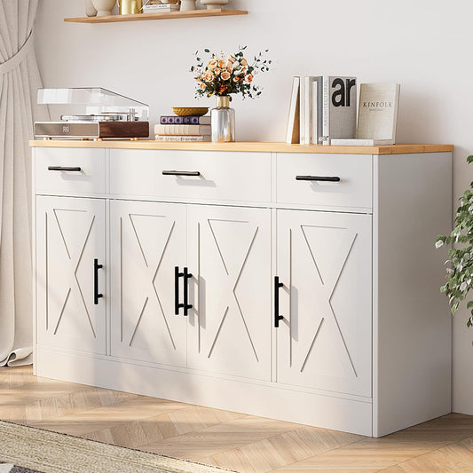 Shintenchi Sideboard Buffet Cabinet with Storage,53.4" Large Kitchen Buffet Storage Cabinet with 3 Drawers and 4 Doors,Wood Farmhouse Sideboard with Adjustable Shelf for Kitchen, Living Room,White