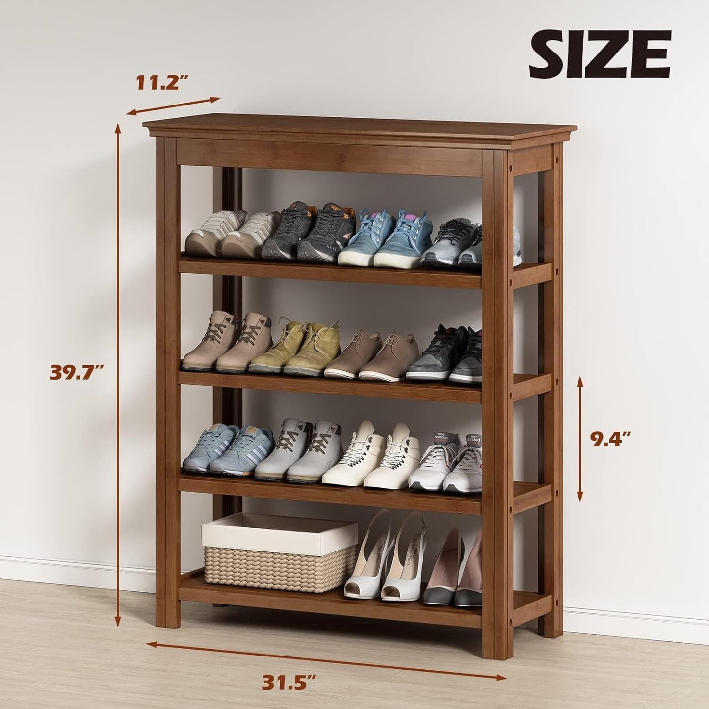 Bamworld Shoe Rack 5 Tier Wooden Storage Benches Wood Free Standing Shoe Shelf for Entryway Hallway (Brown,31.5")