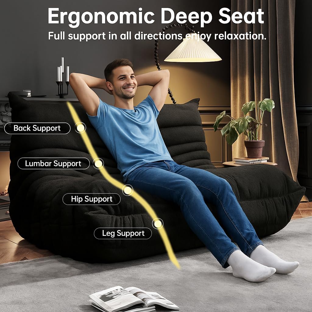 Bean Bag Chairs for Adults, Memory Foam Couch Loveseat Sofa Chair, Soft Teddy Material Cozy Comfy Reading Nook Chairs, Floor Chair for Living Room Bedroom Office(Black)