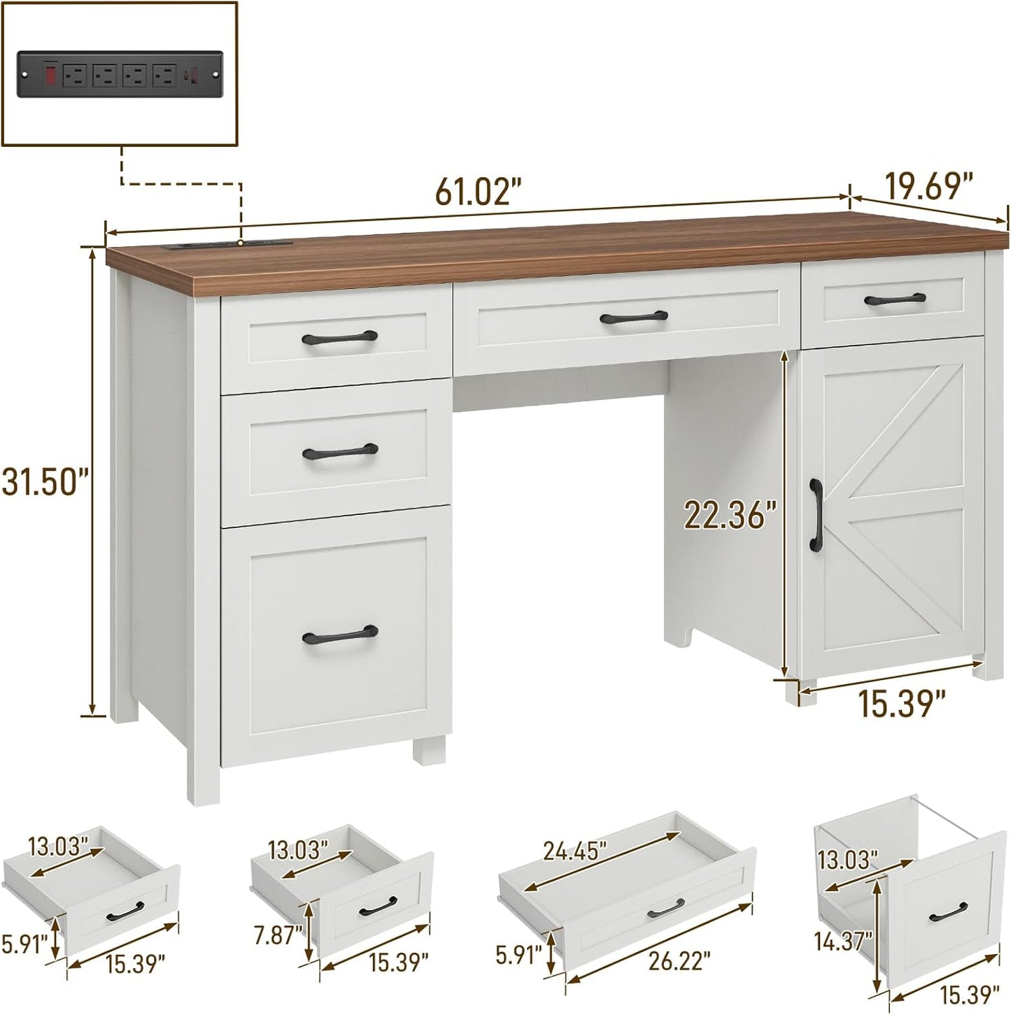 Farmhouse 61'' Executive Desk with 5 Drawers, Rustic Office Desk Computer Desk with Charging Station, File Drawers and Storage Cabinet, Wood Workstation for Home Office and Study.(Brown Top)