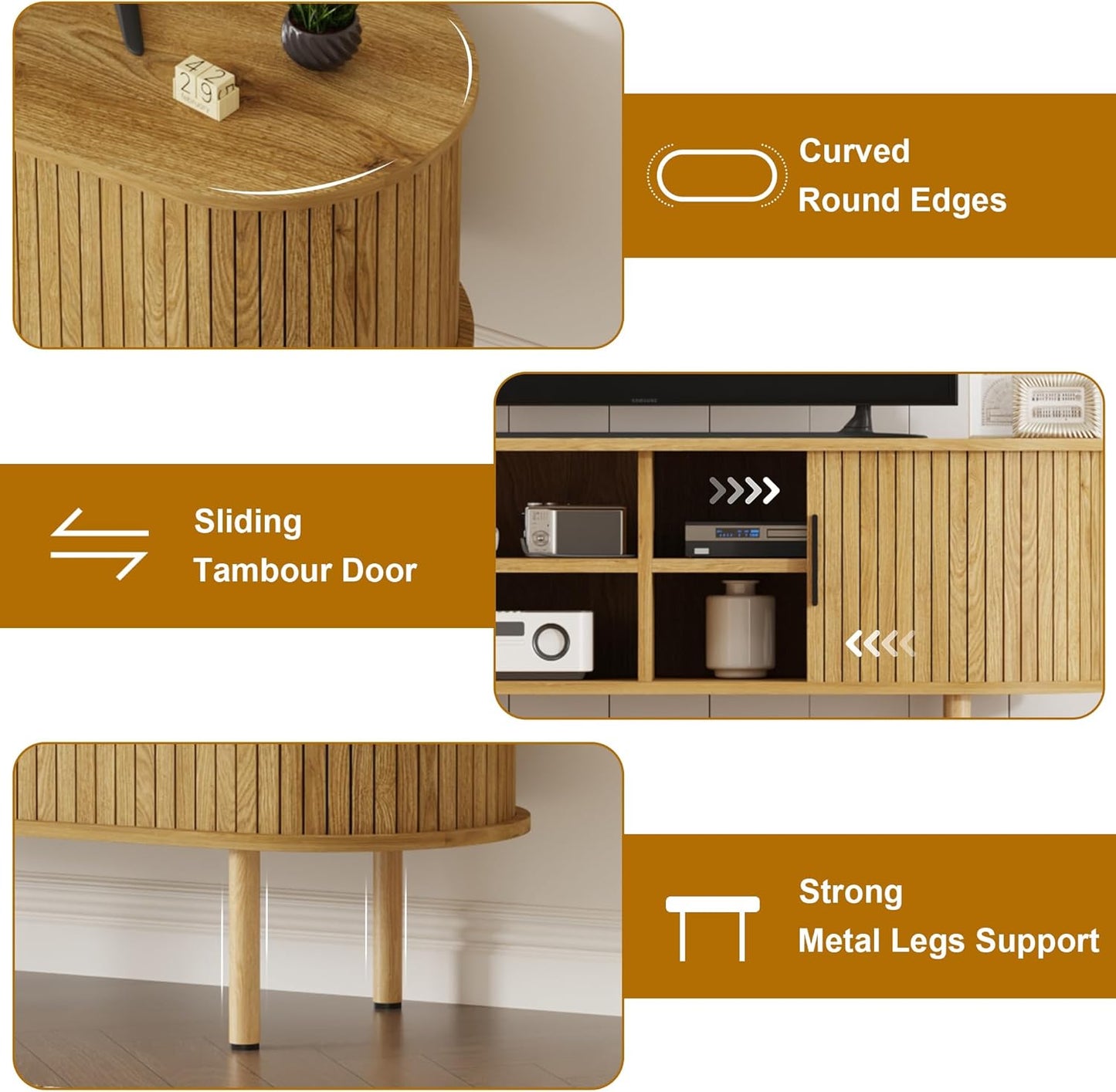 47.2" TV Stand, Modern TV Console Table with Storage Compartment and Sliding Door, Gaming Entertainment Center with Cabinet for Living Room, Bedroom, Office, Oak