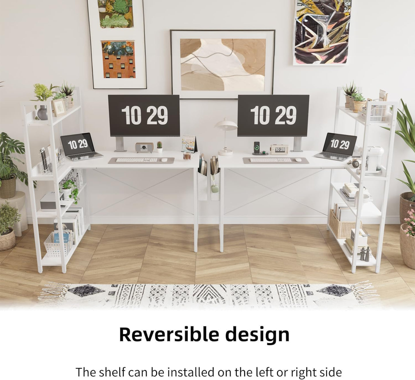 Treesland 47 Inch Computer Desk with Bookshelf, Corner Desk with Storage, L Shaped Desk, Home Office Desks, Writing Study Desk for Bedroom, White