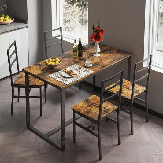 5-Piece Dining Table Set with 4 Chairs, 47.2" Kitchen Table Chairs Set of 4, Rectangular Industrial Style Dining Room Table Set with Backrest, Perfect for Small Space, Brown