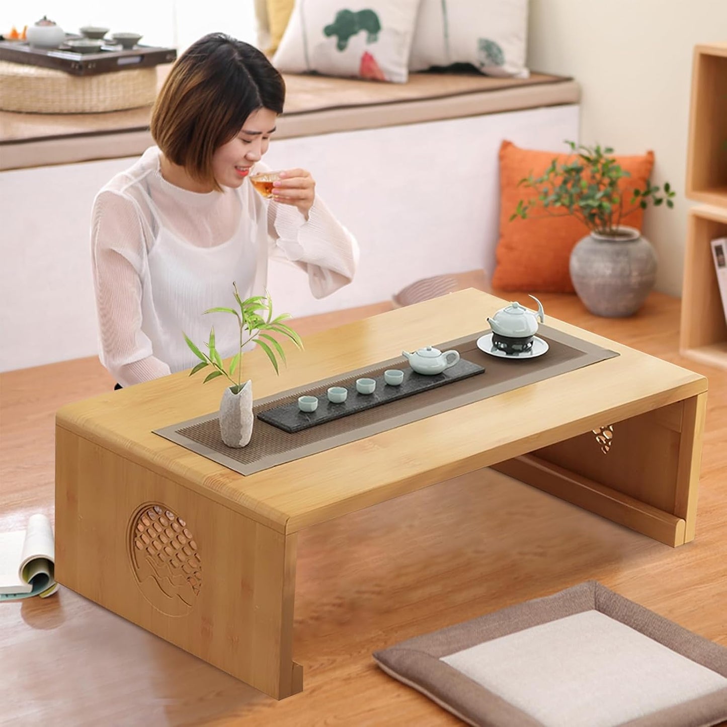 Folding Coffee Table Foldable Japanese Floor Table Low Table for Living Room,Dining Room,Tea,Tatami,Home Decoration (Log Color 39.37 * 19.68 * 12.2 INCH)