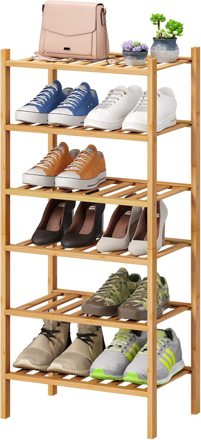 Small Shoe Rack, 6-Tier Shoe Shelf for Entryway, Bamboo Wood Shoe Rack for Closet & Hallway, Long 17.2IN | Beautiful | Functional | Sturdy | Durable