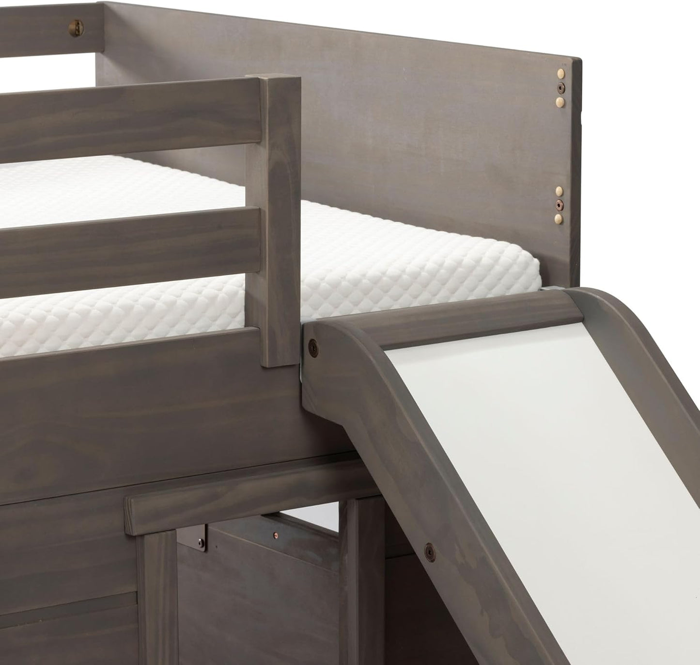 Max & Lily Loft Bed Twin Size, Solid Wood Low Loft Bed with Slide and Ladder, Modern Farmhouse Loft Bed for Kids, Driftwood