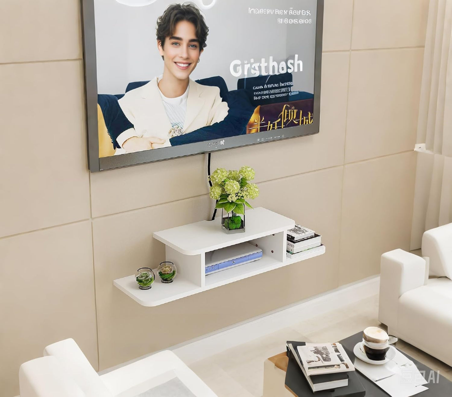 BiJun Floating TV Shelf, Entertainment Center Wall Mounted Floating Shelves for Wall Media Console Router DVD Shelf for PS4/Cable Box/DVD Players/Game Console Streaming Media Equipment (White, 35.4)