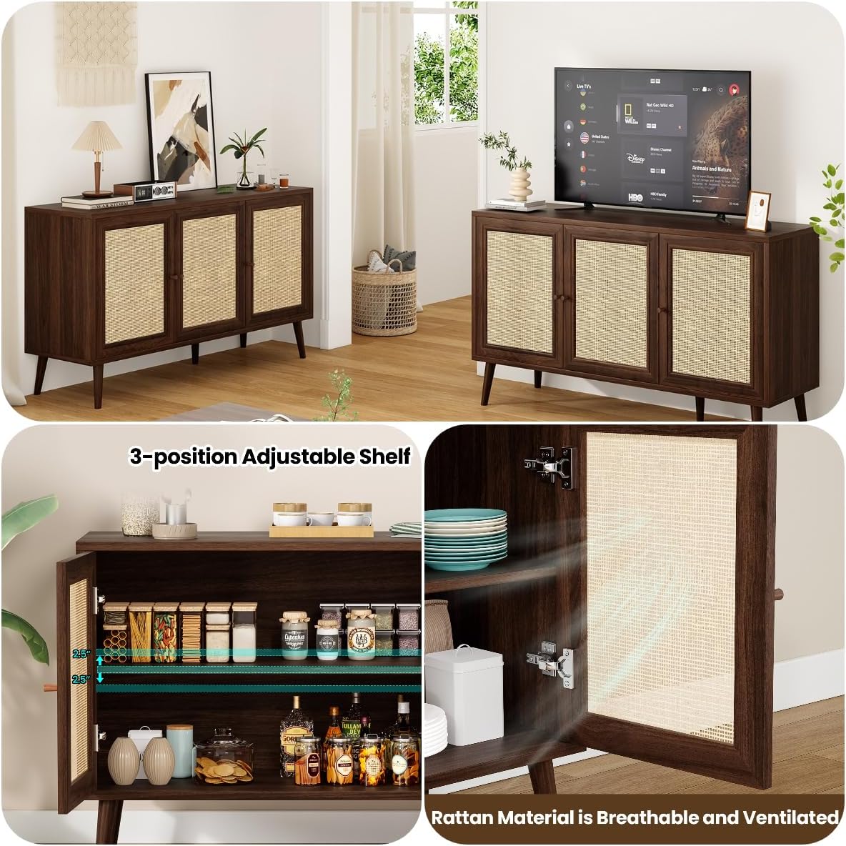 Rattan Entryway Table, Entertainment Center with Adjustable Shelf, Sideboard Buffet Cabinet with 3 Rattan Doors, Modern Console Cabinet with Large Storage for Living Room, Kitchen, Dark Brown