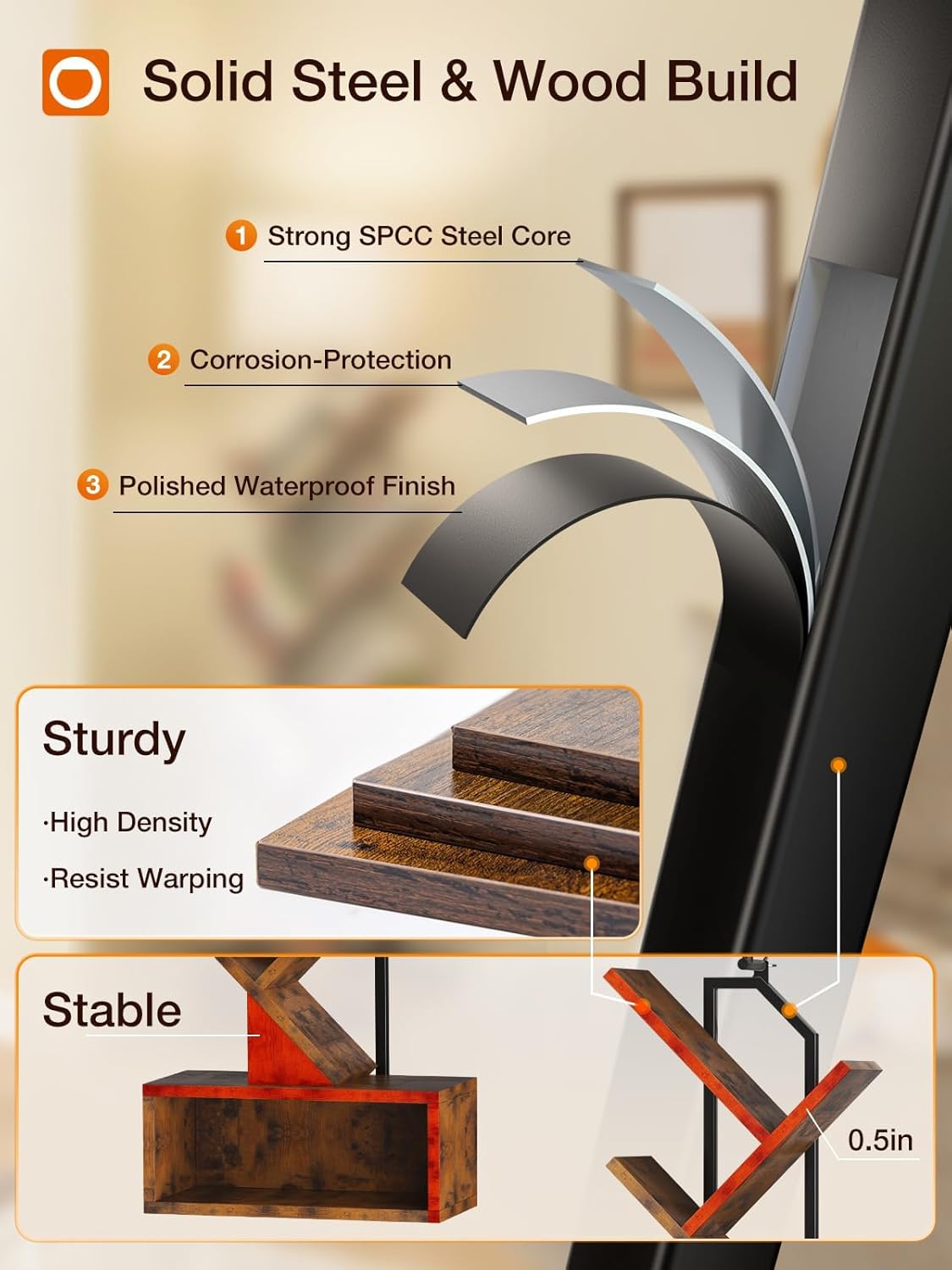 addlon 6-Tier Tree Bookshelf, Steel&Wood Corner Shelf with 3CCT Bulb,Small Book Shelf for Bedroom, Home Office&Living Room-Rustic Brown