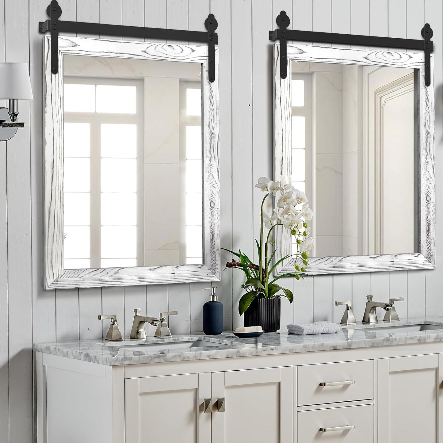 YOSHOOT Farmhouse Barn Door Mirror, 32"x24" Rustic Wood Framed Wall Mounted Vintage Mirror, Wooden Farmhouse Style for Bathroom Living Room Entryway, White, Vertical Hanging ONLY