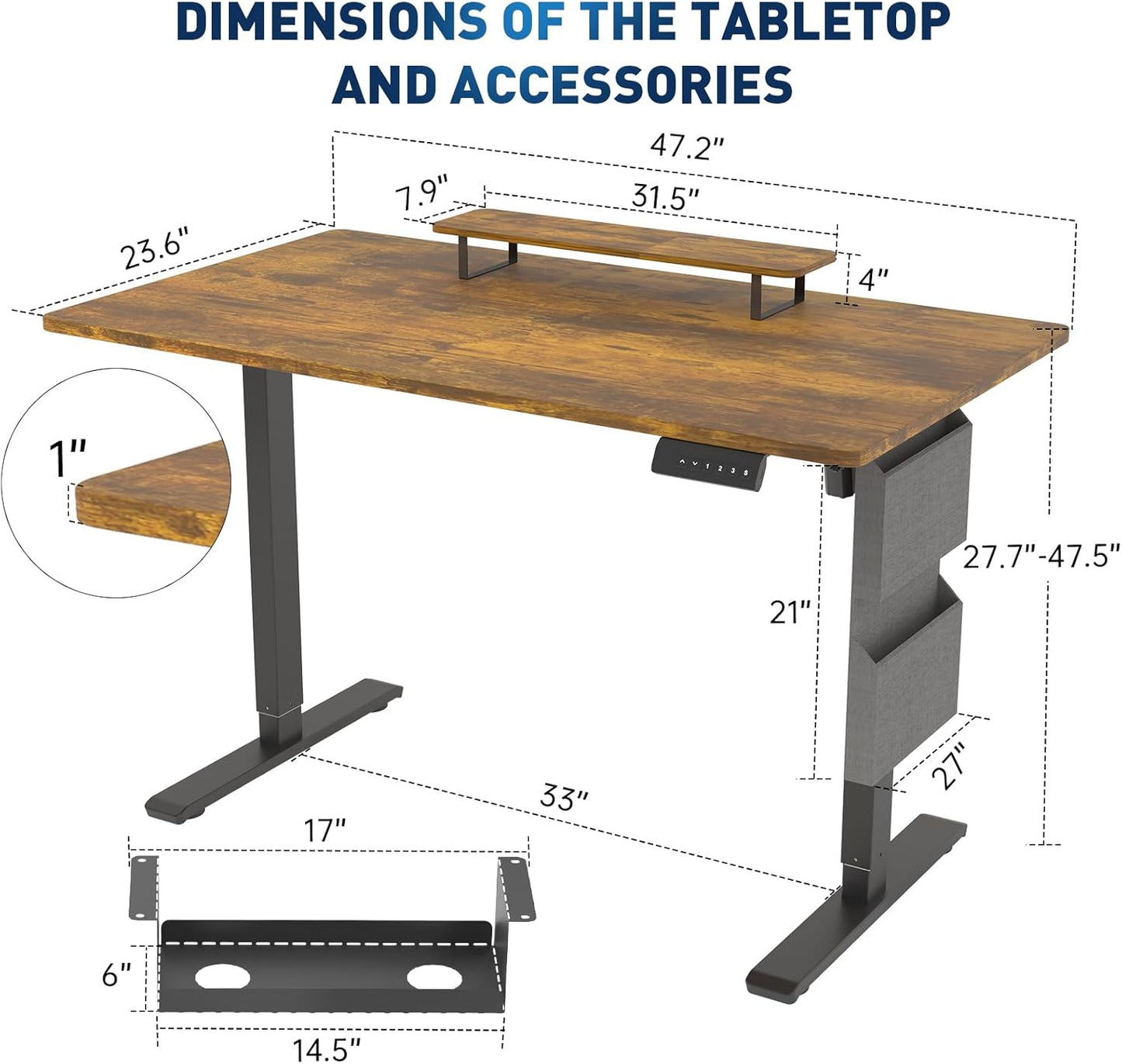 Whole Piece 1-Inch Thick Standing Desk with Side Storage Bag, Cable Management Tray, Monitor Stand Riser, Electric Adjustable Height Rising Table, Ergonomic Office Computer Desks 47.2x23.6 Inch