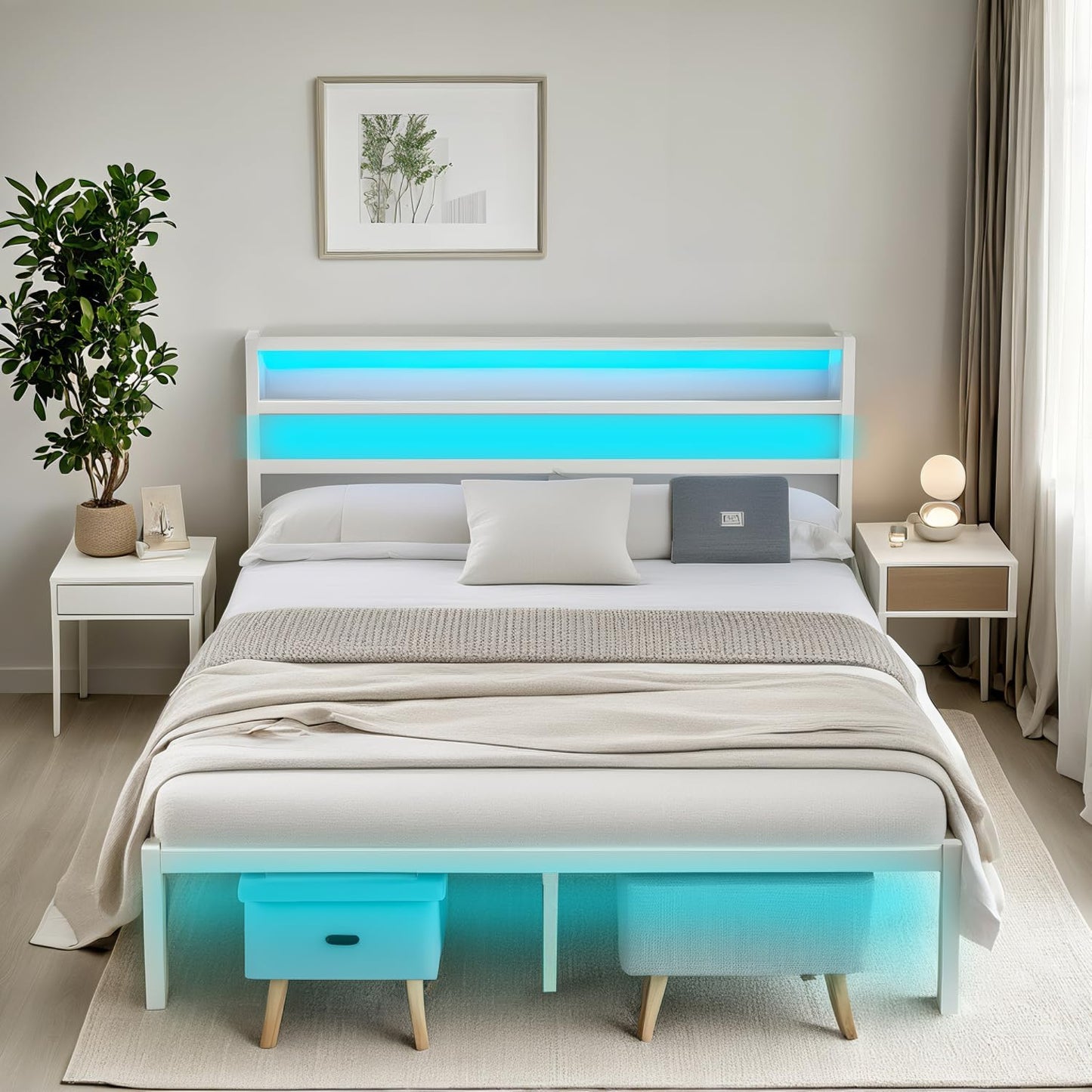 Full Size Bed Frame with Headboard,Heavy Duty Steel Slats Support-LED Bed Frame with USB Charging Station,Mattress Foundation-Under Bed Storage,No Box Spring Needed,Noise Free,White