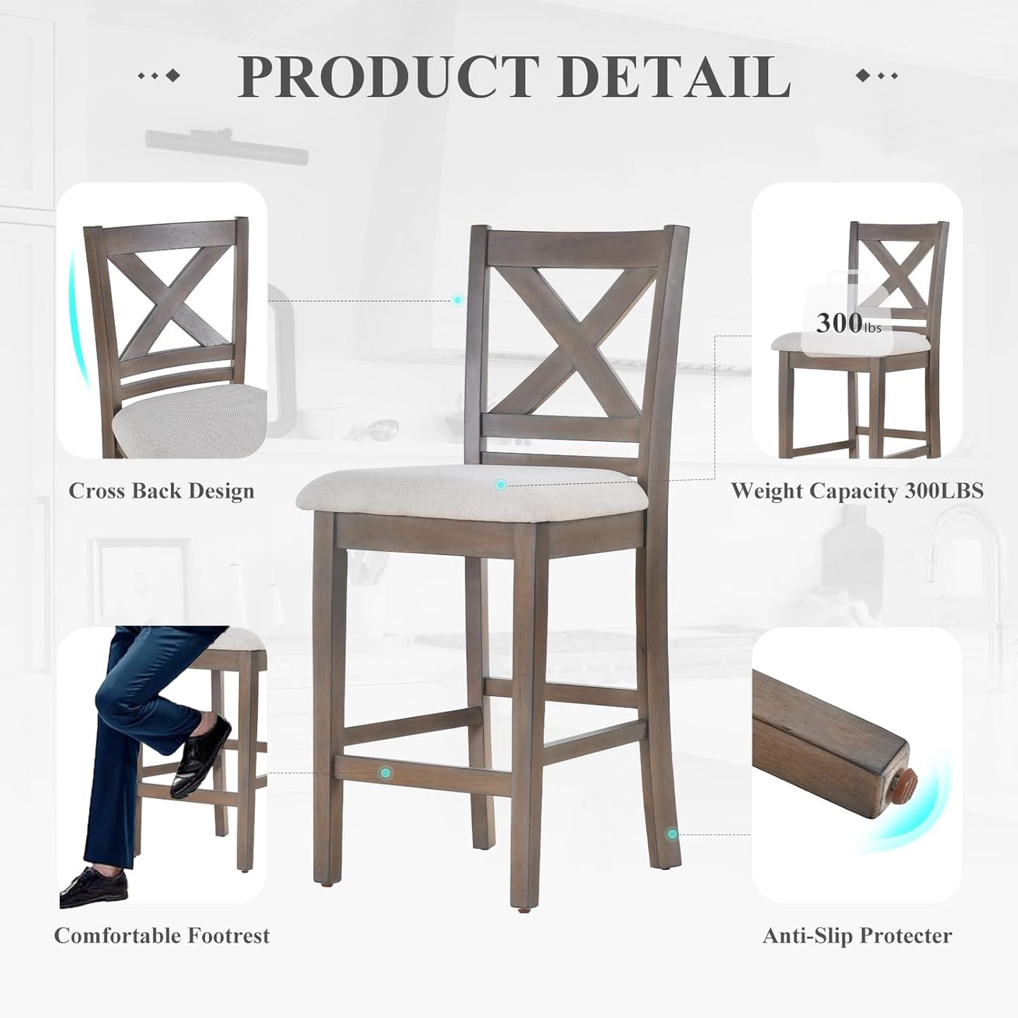 Upholstered Counter Height Bar Stools Set of 4, Modern Kitchen Island Barstools Chairs with Cross Back and Wood Legs for Dining Room Bar, Light Brown Wash