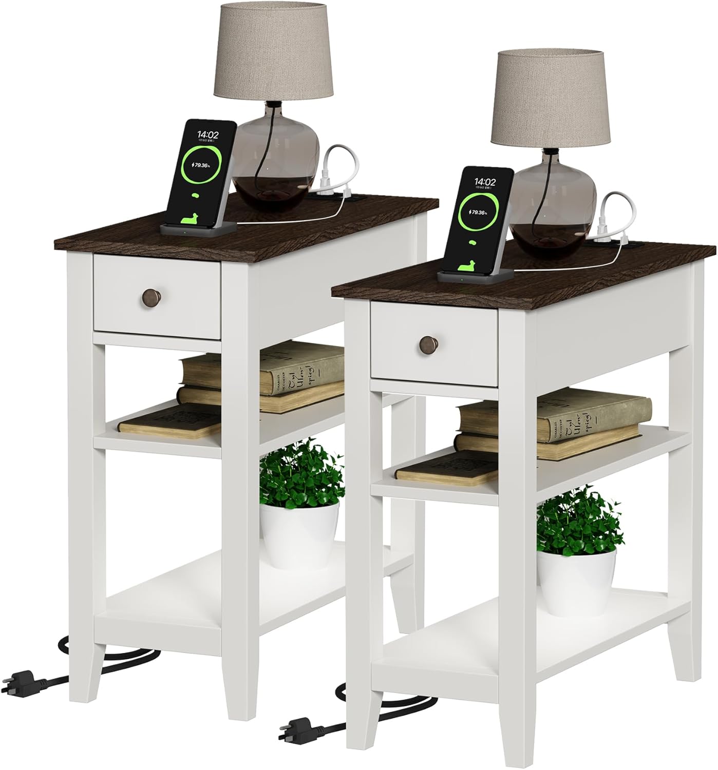ChooChoo Farmhouse end Table Living Room Set of 2, Sofa Side Table Living Room with Charging Station,Narrow Night Stand with USB Ports & Power Outlets and Hidden Drawer