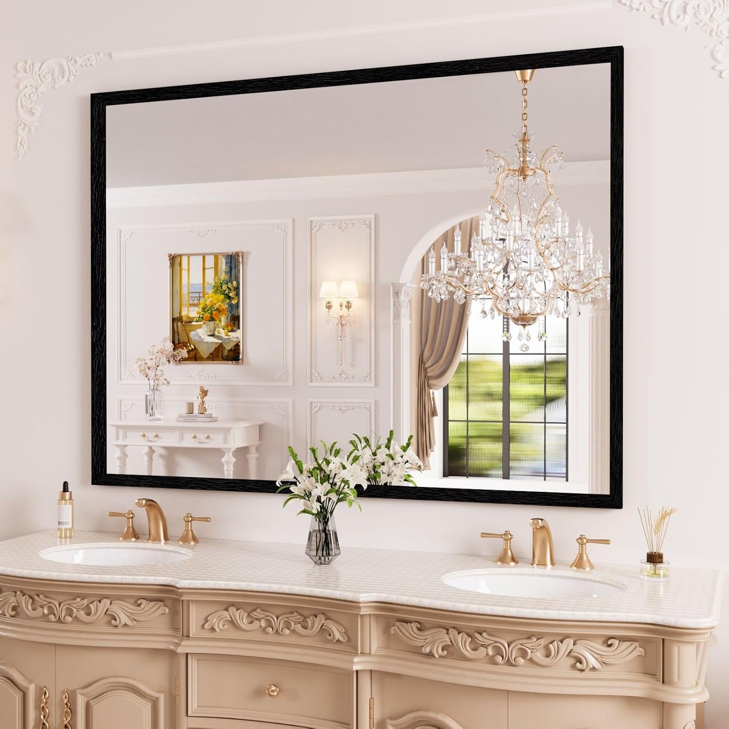 WEER Black Framed Mirror for Bathroom, 40x30 Inch Framed Bathroom Mirror, Rectangular Wall Mounted Mirror, Matte Black Vanity Mirrors, Tempered Glass, Vertically or Horizontally, Anti-Rust