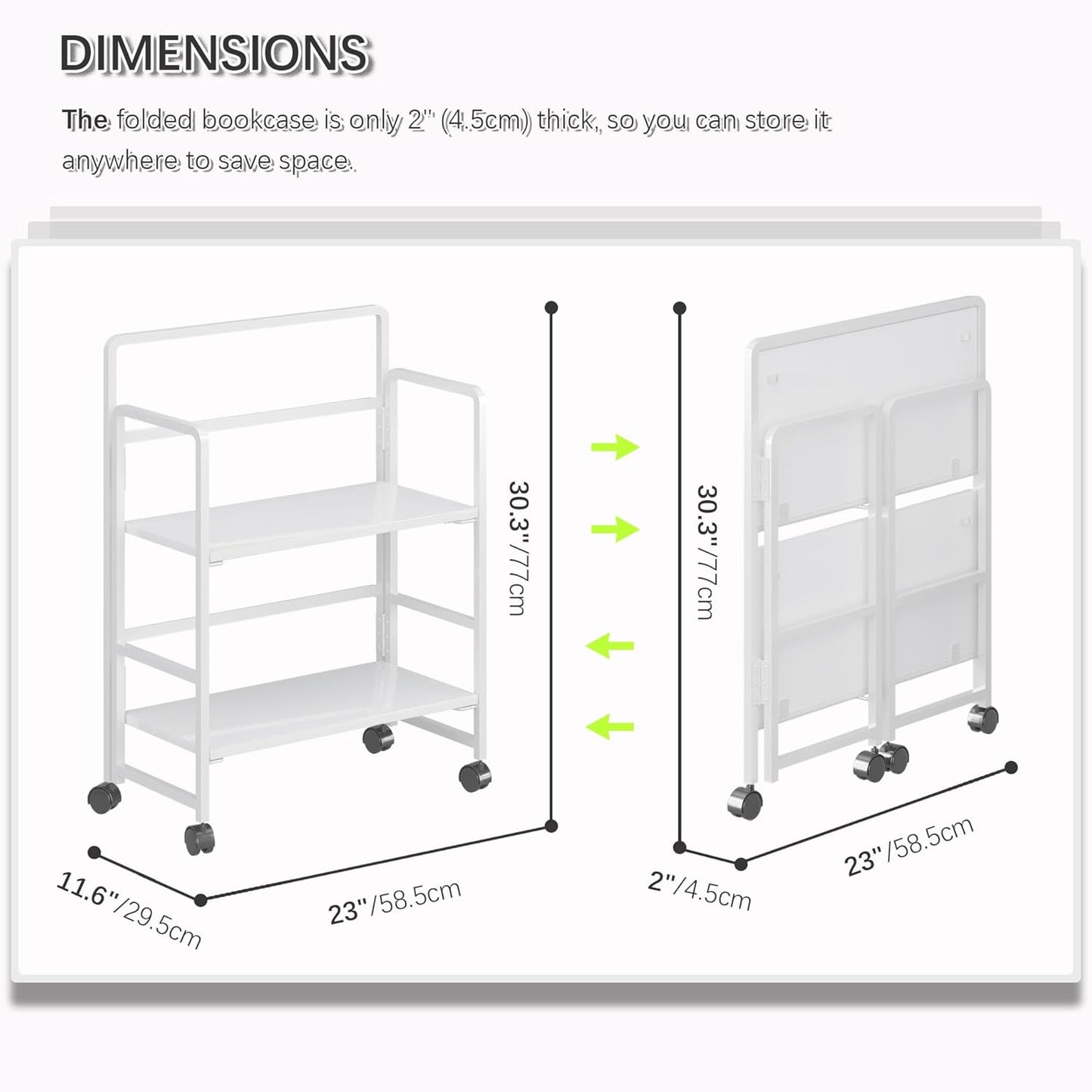 4NM 2 Tiers No-Assembly Folding Bookshelf with Wheels, Portable Rolling Storage Foldable Bookcase & Compact Side Table for Living Room, Bedroom, Kitchen, Bathroom (All White)