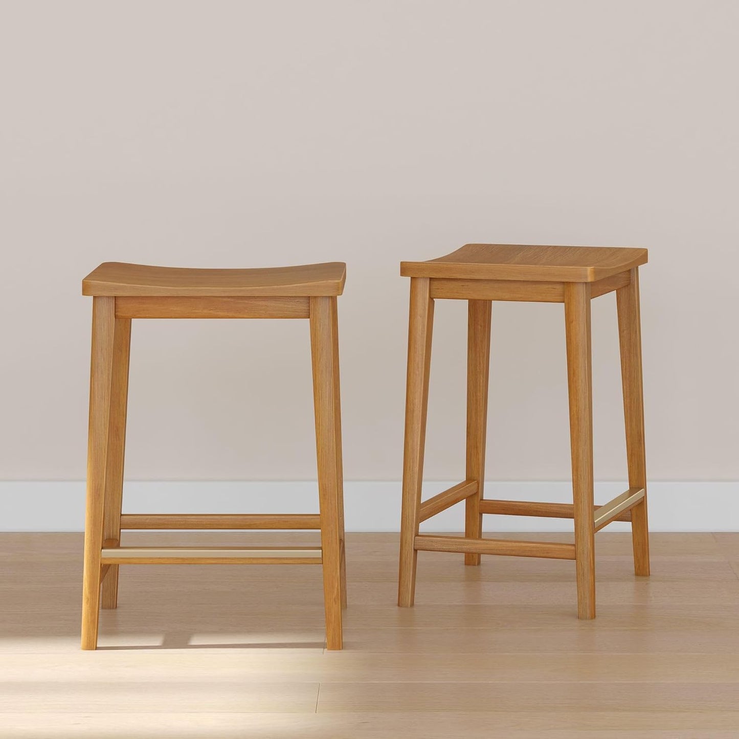 Plank+Beam Smythe Counter Stool, 24", Set of 2, Sturdy Wood Modern Kitchen Counter Height Stool, Saddle Seat Backless Counter Chair, Metal Footrest, Pecan