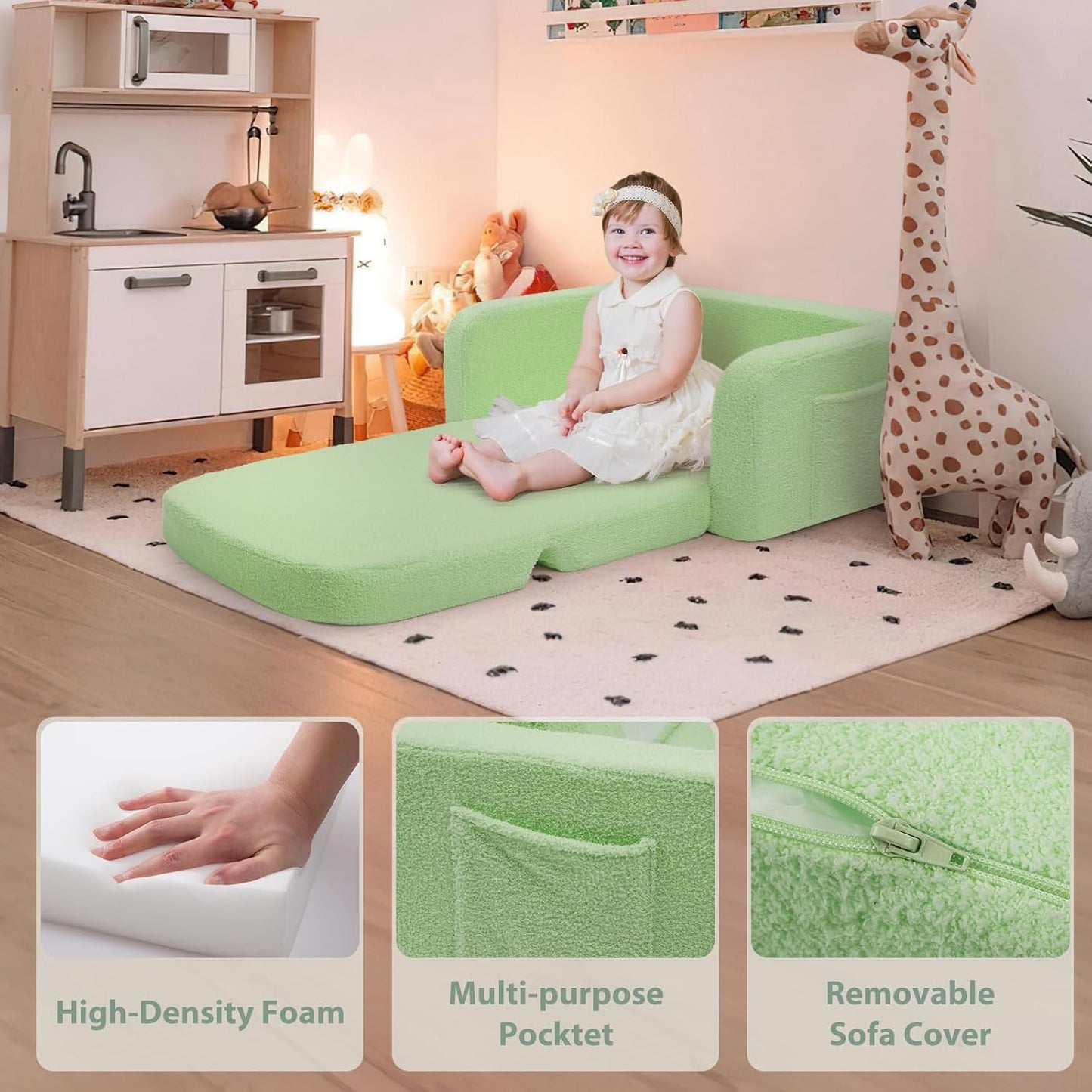 Extra Wide Kids Couch, 2-in-1 Soft Toddler Couch with Blanket, Comfy Toddler Chair, Convertible Sofa to Lounger, Gifts for Kids Girl Boys, Green