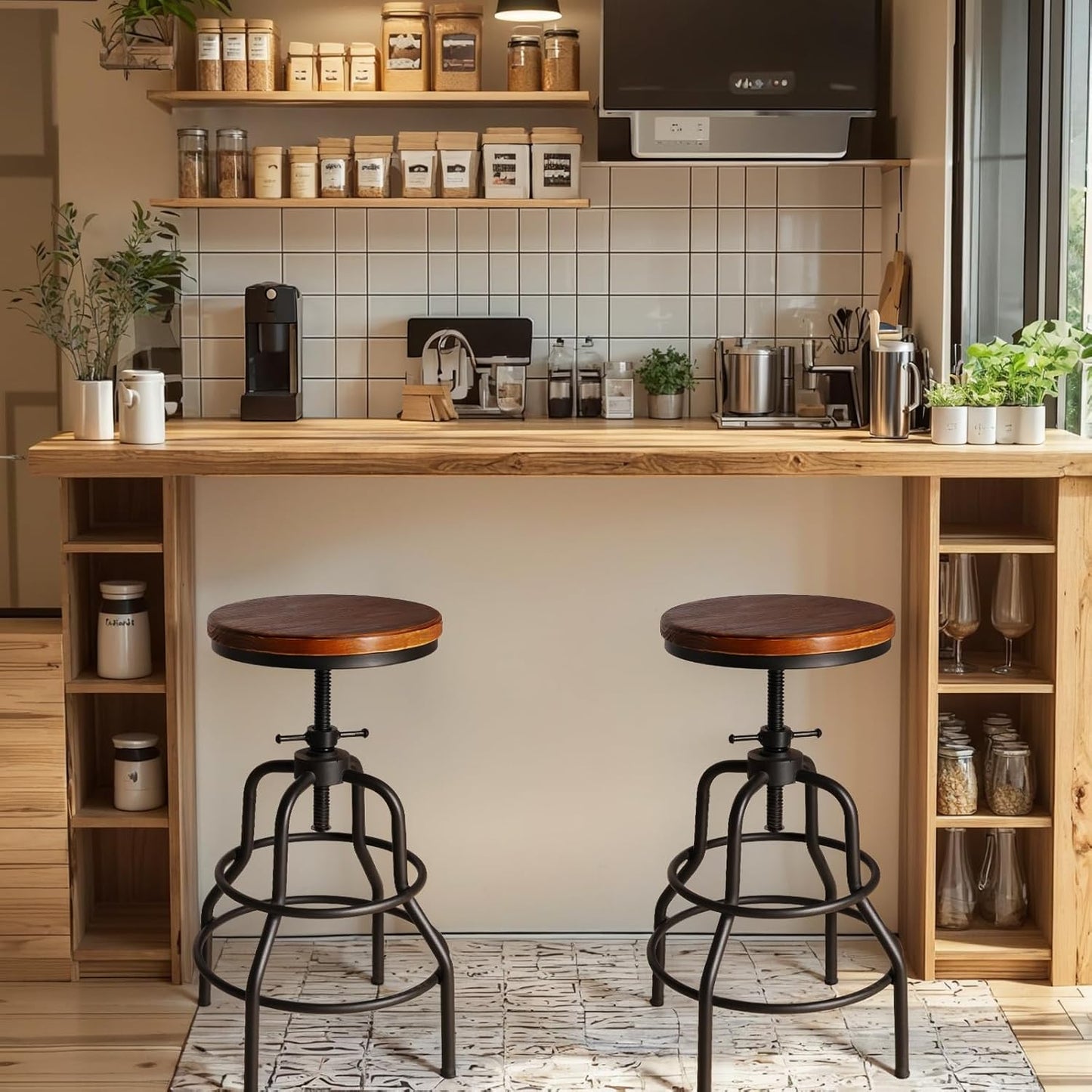 LOKKHAN Vintage Industrial Barstools - 13.8" Dia Round Wooden Brown Seat - Black Metal Base - Adjustable Height: 23.6"-29.5" / Minimalist Design/Raw Rustic Look/Rotating Top Bar Chairs, Set of 2