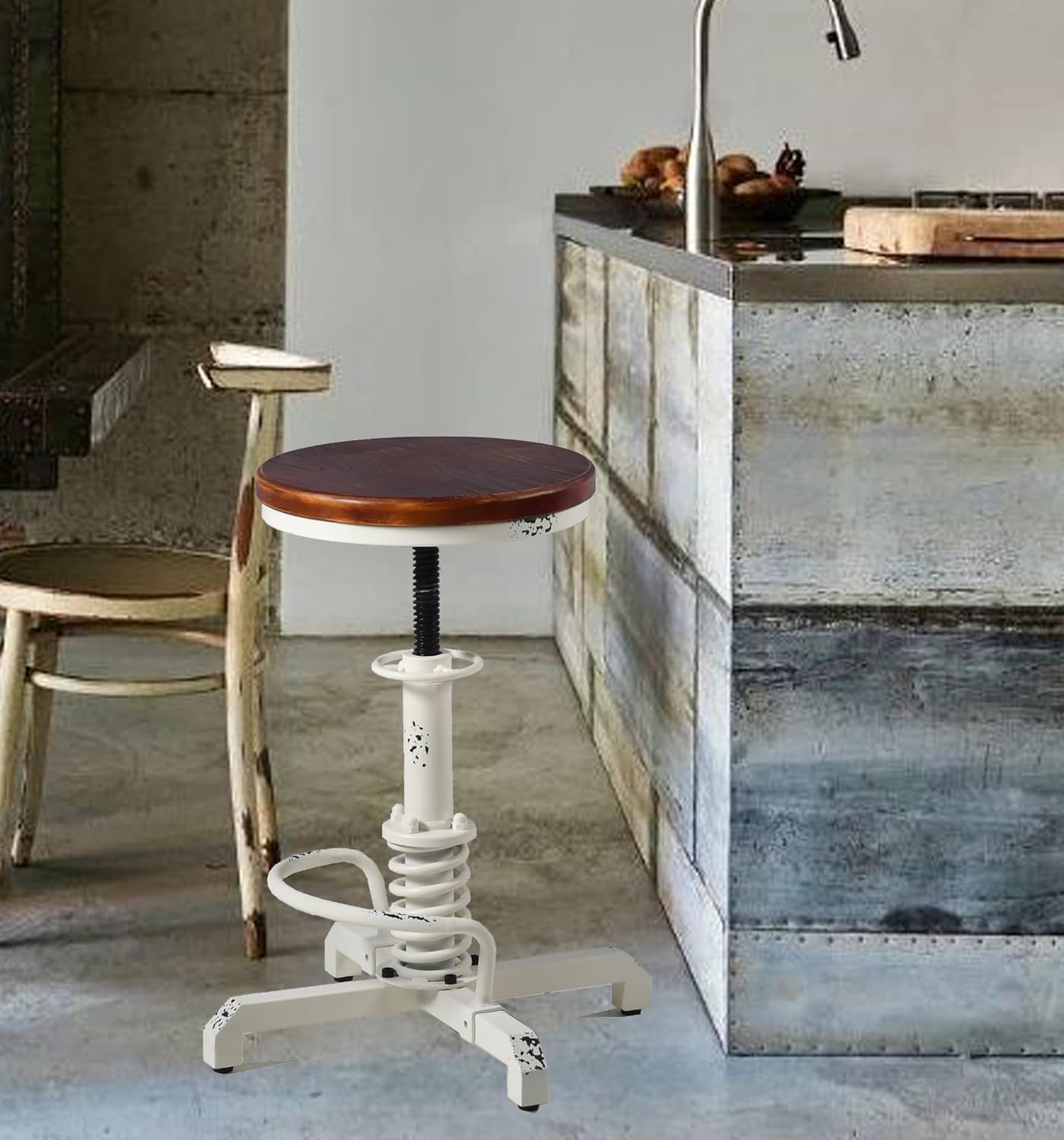 Topower Industrial Retro Vintage Farm Wooden Seat Tractor Stool Kitchen Swivel Height Adjustable bar Stool Antique White