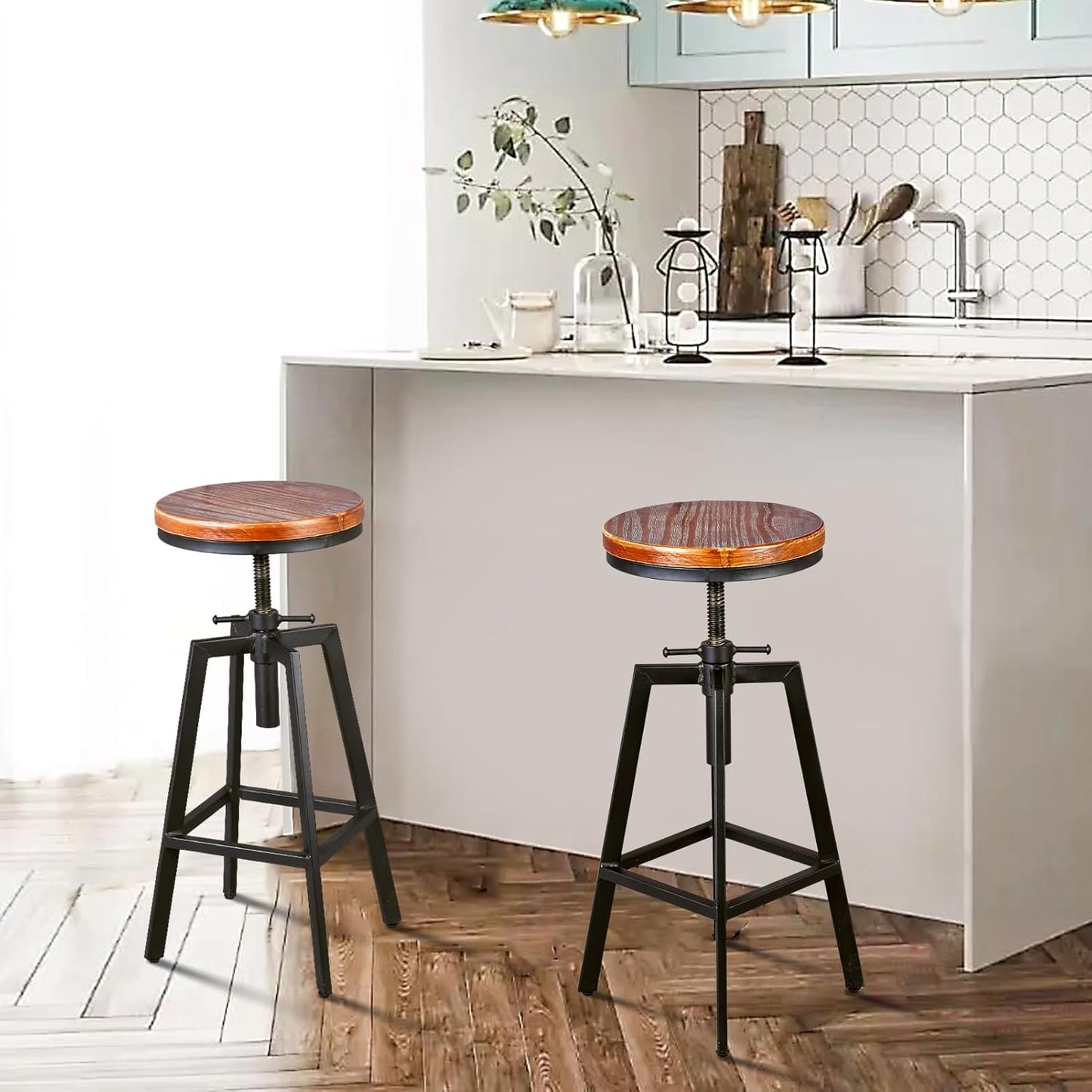 Set of 2 Vintage Bar Stools 25.6-31.5inch Height Adjustable Farmhouse Dinning Stool Swivel Wooden Seat Kitchen Island Counter Chair